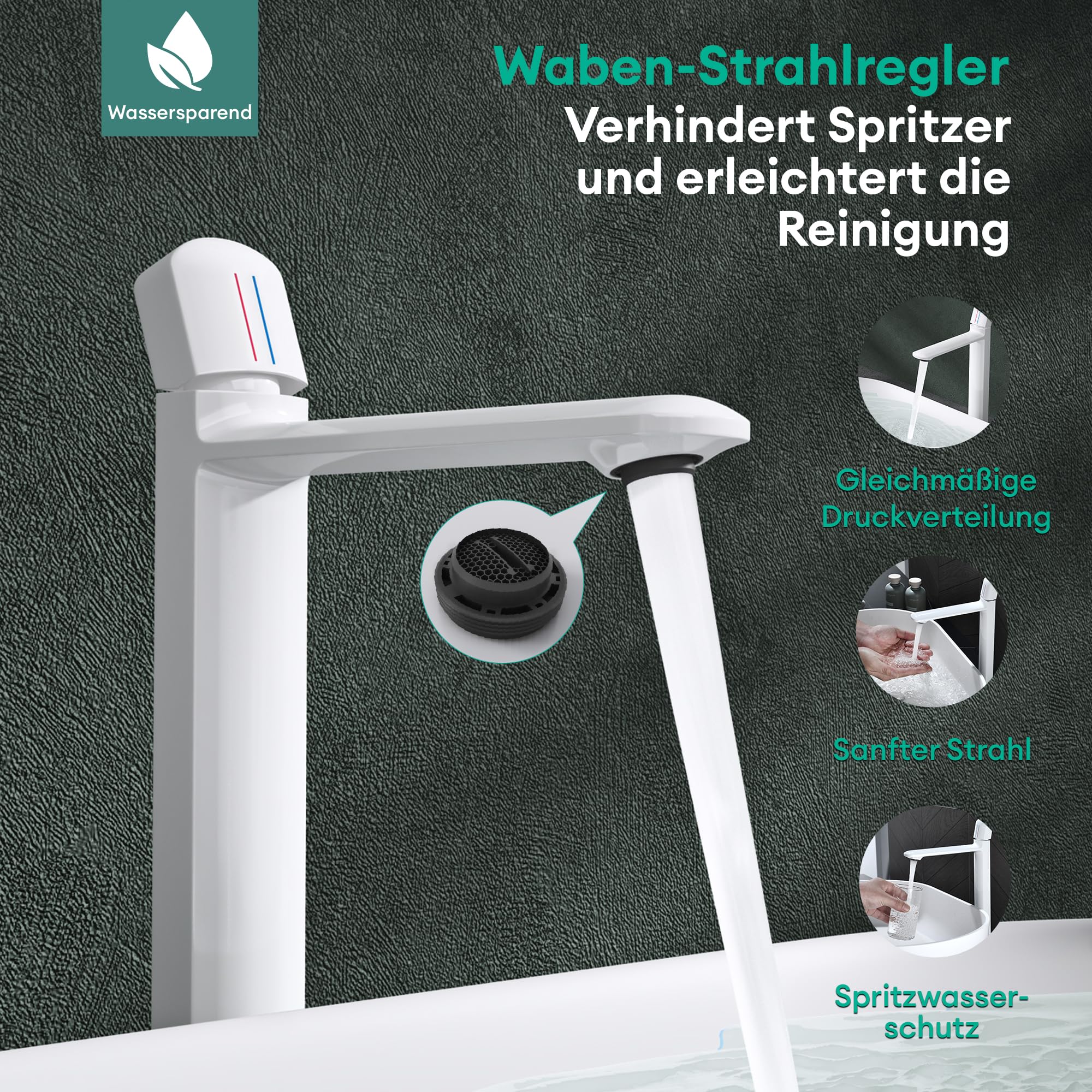 Mai & Mai Wasserhahn Bad 31,3cm hoch, Waschtischarmatur Glänzend weiß | Einhebelmischer Mischbatterie Bad Armatur Badezimmer aus Messing, mit Wassersparfunktion DIN-Anschlüsse WAO-1190H
