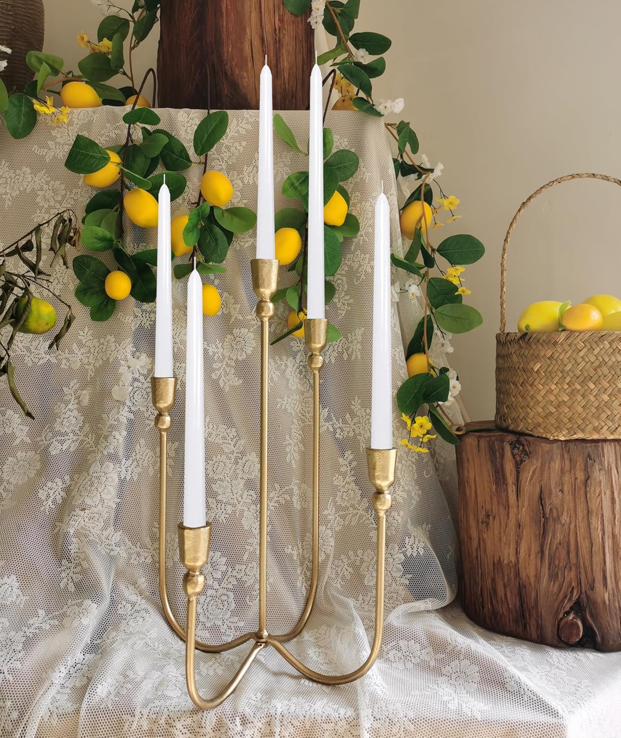 Iron Tabletop Candelabra - Decorative Metal Candelabra Candle Holder, 5 French Dinner Candles (Dinner 5 Candles)