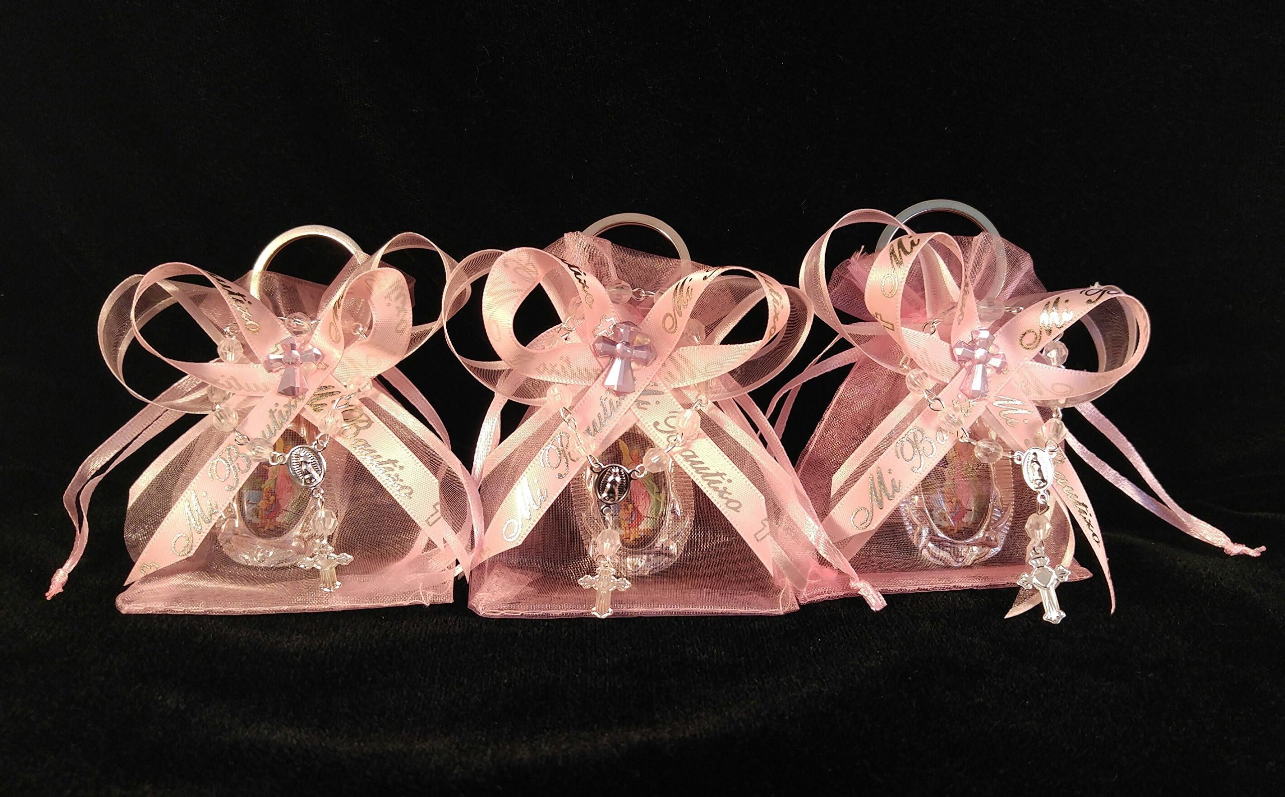 DreemsGate Pink Girls Baptism Baby Organza Favor Bags with Guardian Angel Key Chain Gift,Party Pack 12. Recuerdo de Bautizo, Angel de La Guarda.