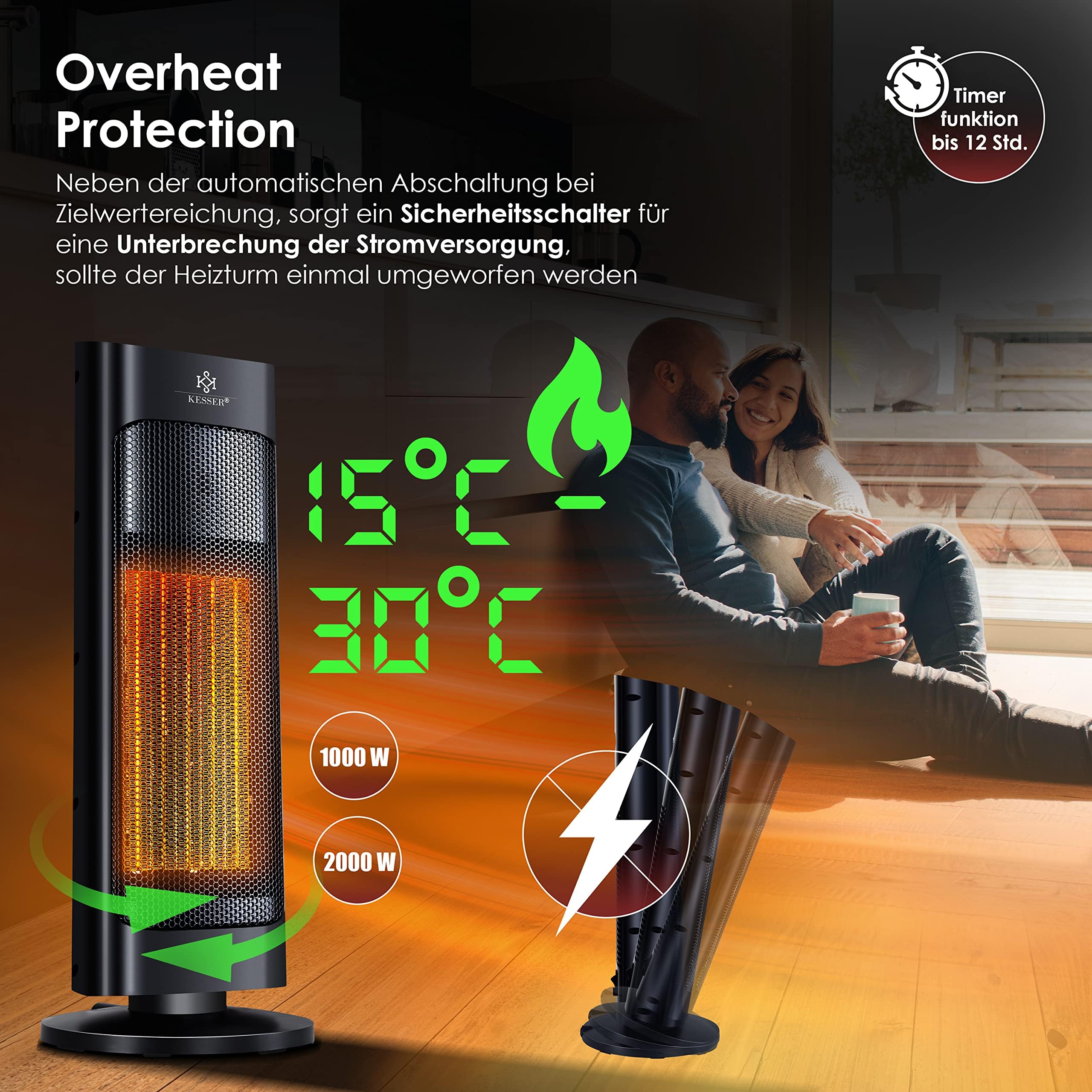 KESSER® Radiateur Soufflant avec Télécommande - Économe en Energie - Silencieux - 2000 W - En Céramique - 15-30 °C - Chauffage Rapide avec Fonction Oscillation de 80 ° - Minuterie 24 h (Noir)