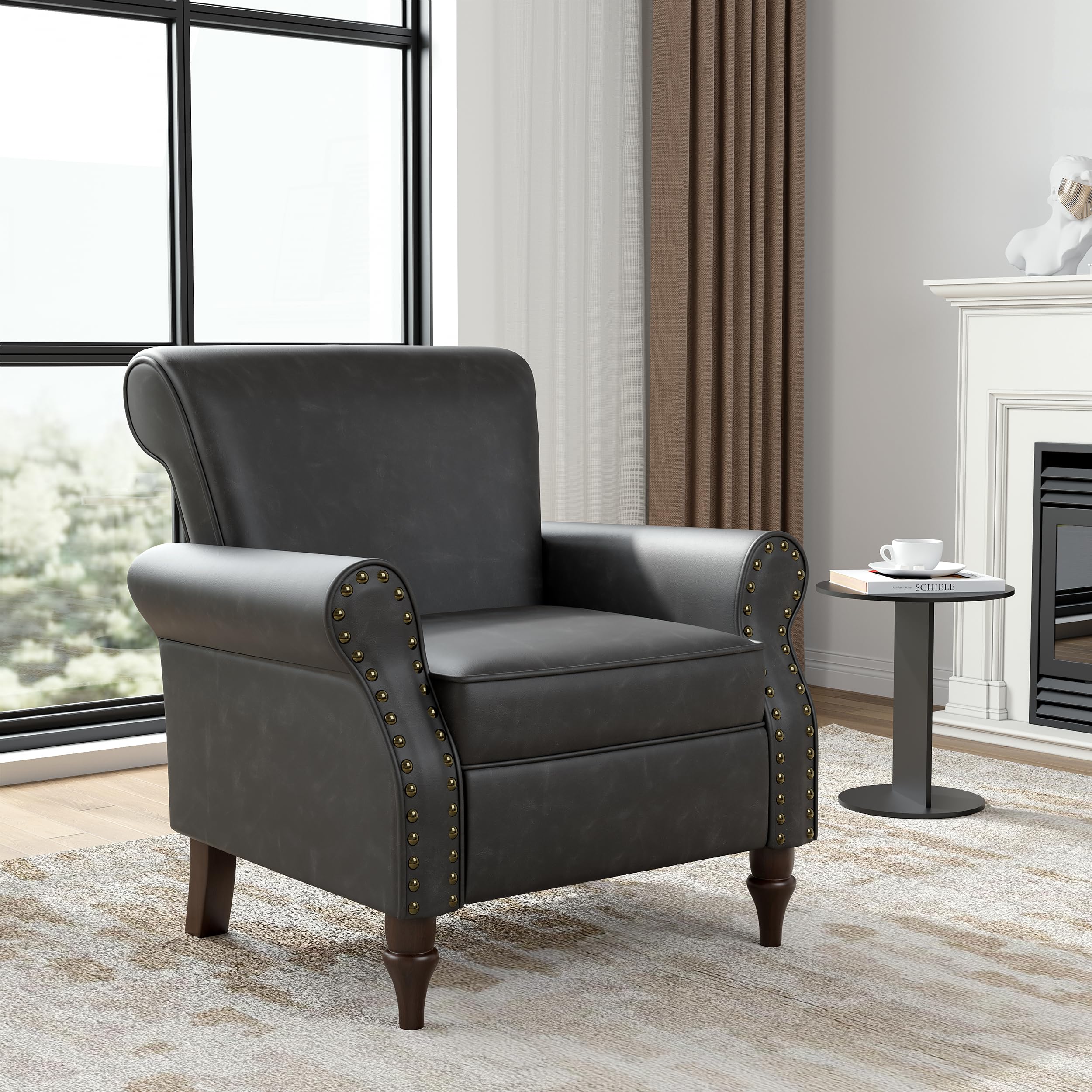 Faux Leather Accent Chair, Mid-Century Modern Upholstered Wingback Armchair with Nailhead Trim & Rolled Armrest, Comfy Reading Chair Single Sofa Chair for Living Room Bedroom, Black