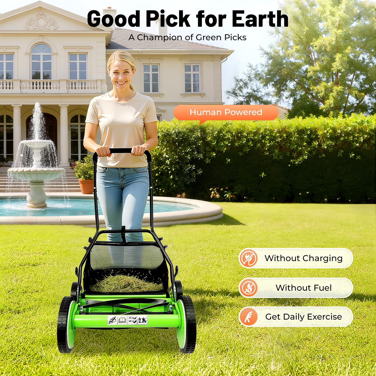 Cortacésped manual con carrete manual, cortacésped inalámbrico de 5 cuchillas de 16 pulgadas con altura de corte ajustable y recogedor de césped para cortacésped de carrete de empuje para patio