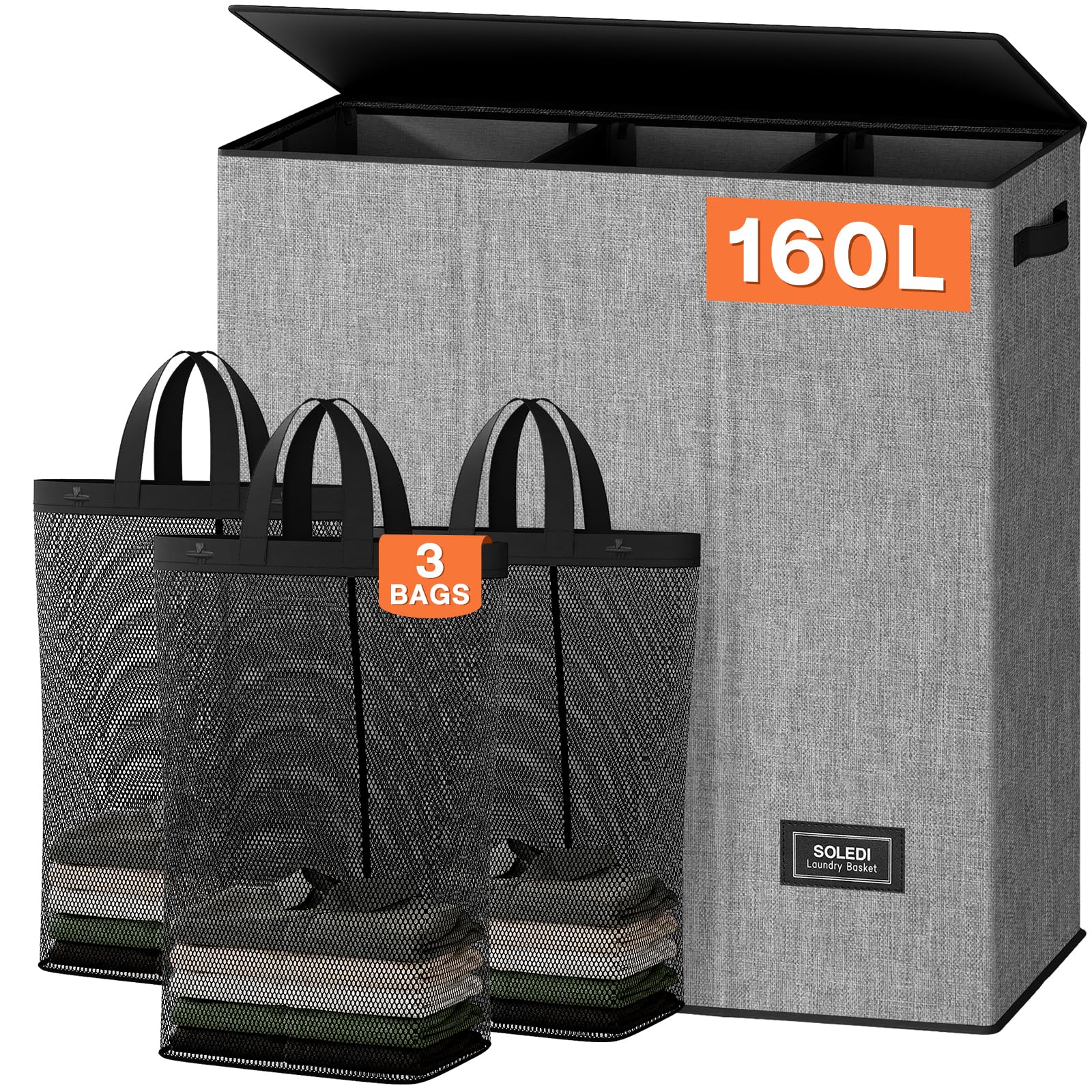 SOLEDI Panier a Linge avec Couvercle, Panier à Linge 3 Compartiment, 160L Corbeille a Linge, Paniere a Linge Sale pour Récupérer le Linge et Faire le Tri, Bac a Linge pour Buanderie, Gris