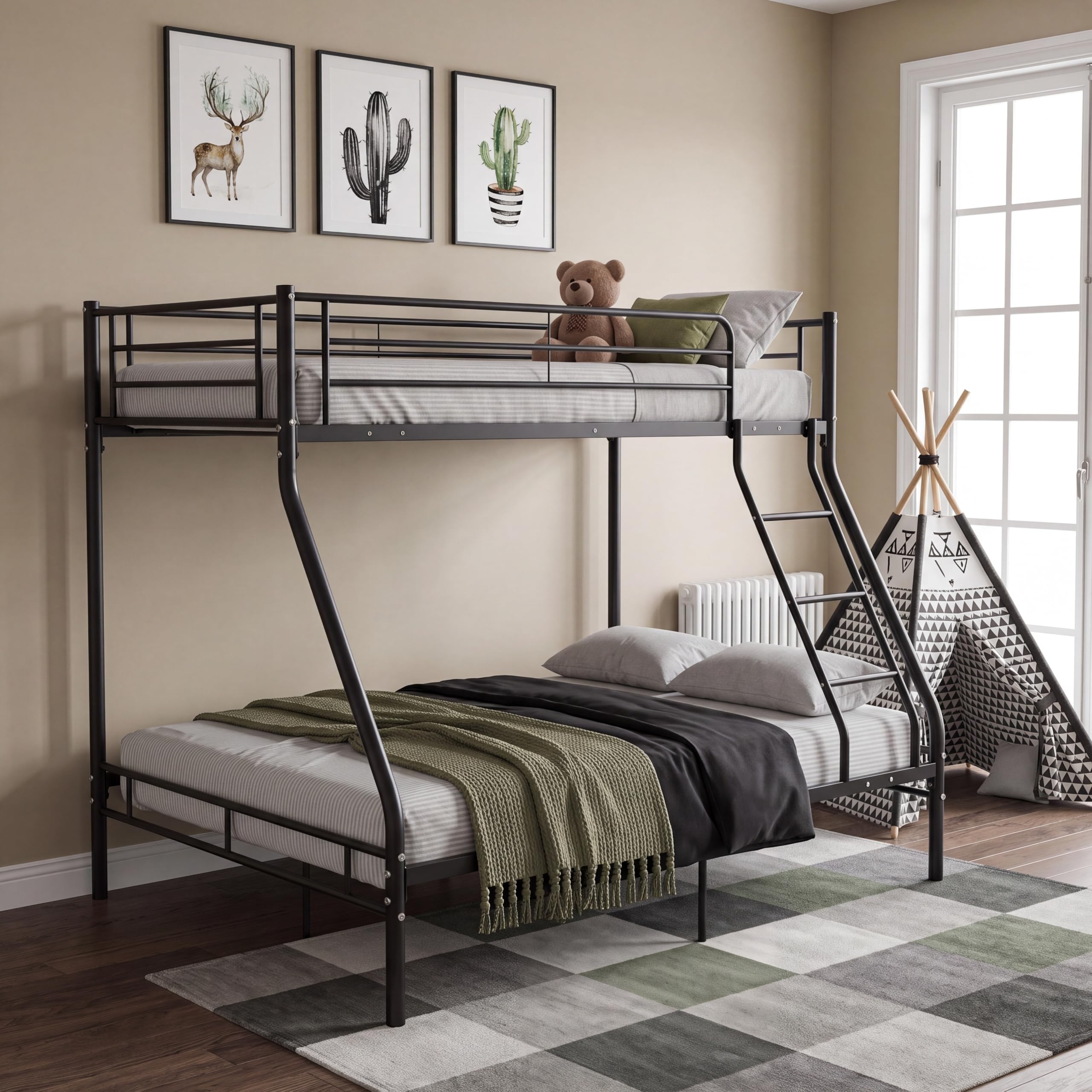 Panana Metal Bunk Bed, Triple Sleeper Bed Frame With 3FT Single Top & 4FT6 Double base bed Children's Bedroom Furniture Bed Sets - No Mattress Included (Black)