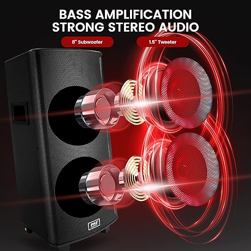 Miniatura 2 de Pyle Sistema de altavoces PA Bluetooth portátil de 700 W - Altavoz recargable dual de 8 pulgadas, TWS, luz de fiesta, pantalla LED, FMAUXMP3USBSD,