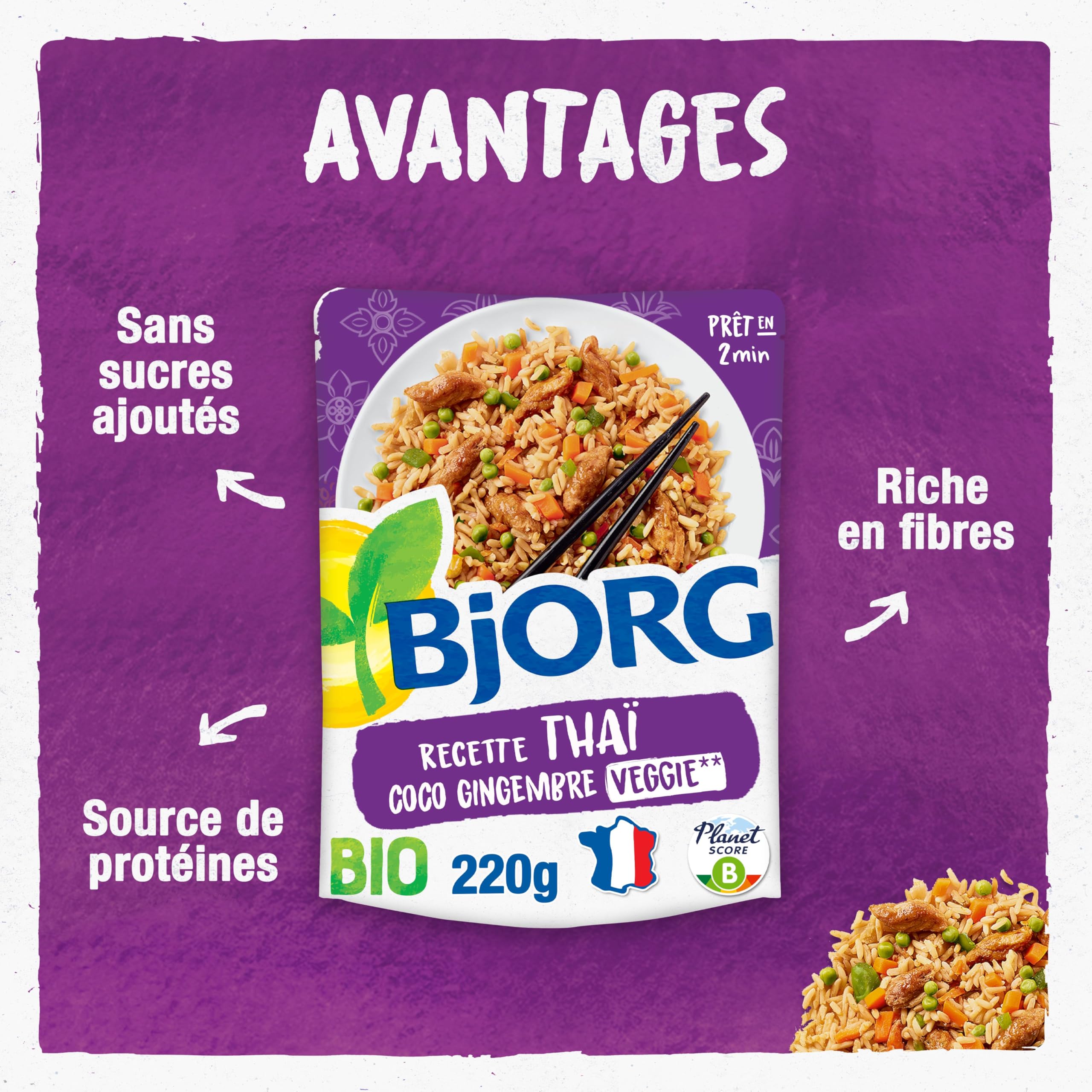 BJORG - Plat Cuisiné Veggie - Thaï Riz Coco Gingembre Veggie - Bio - 220 g | Plat préparé Végétarien - 100% Végétal - Prêt en 2 min - Source de Protéines - Doypack Micro-ondable