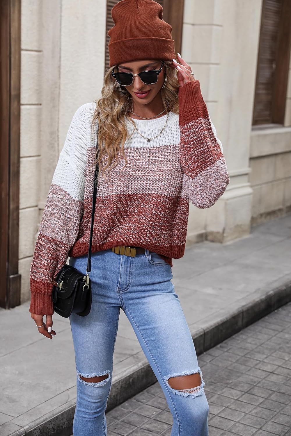 Women's Striped Color Block Sweater Long Sleeve Crewneck Casual Loose Fit Soft Knit Sweater Pullover Tops - Image 2