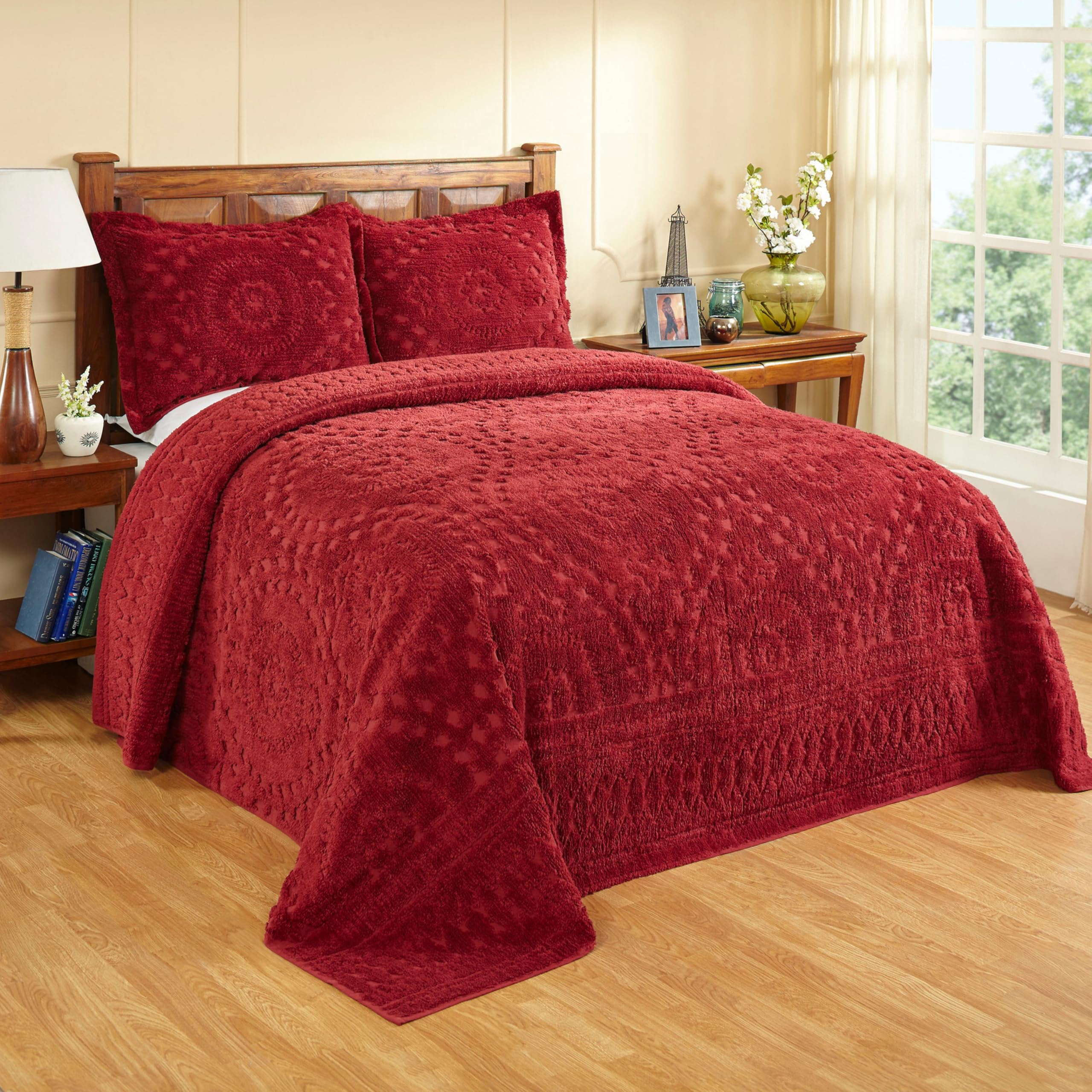 Better Trends Burgundy 100% Cotton Chenille Coverlet Bedspread, Medallion Design Full/Double Size Bedspreads, 96" X 110" Bedding Soft Lightweight, All Season