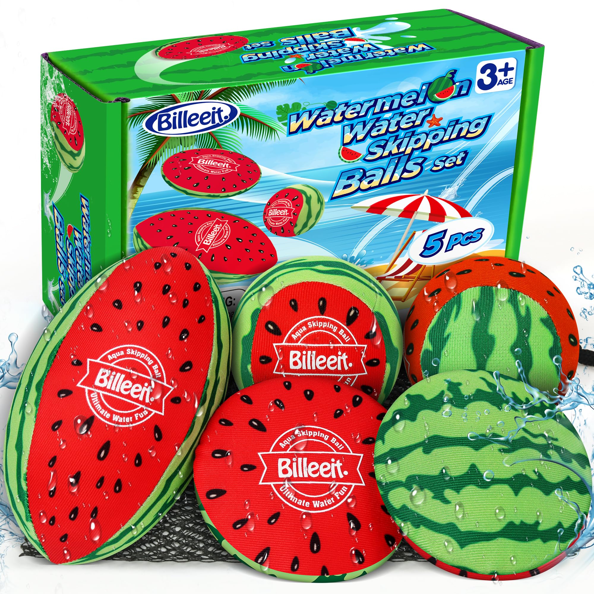 Billeeit 5Pcs Water Skipping Balls Set for Pool Play (Watermelon Theme)