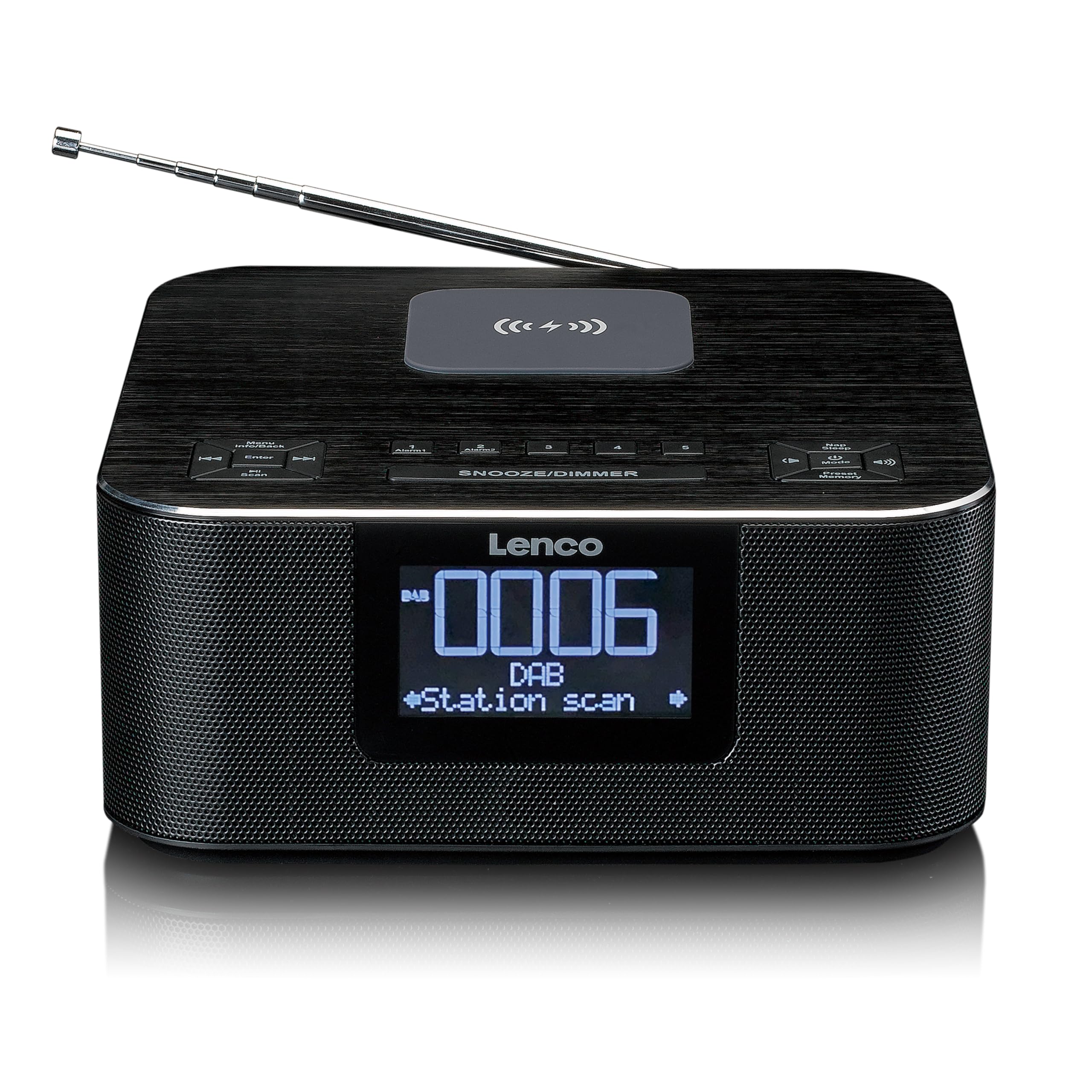 Lenco CR-650 DAB+ Radiosveglia – Radio per orologi con DAB+ e FM – 20 stazioni – Funzione snooze – 2 x 2 Watt RMS – LCD – USB e caricatore QI – nero
