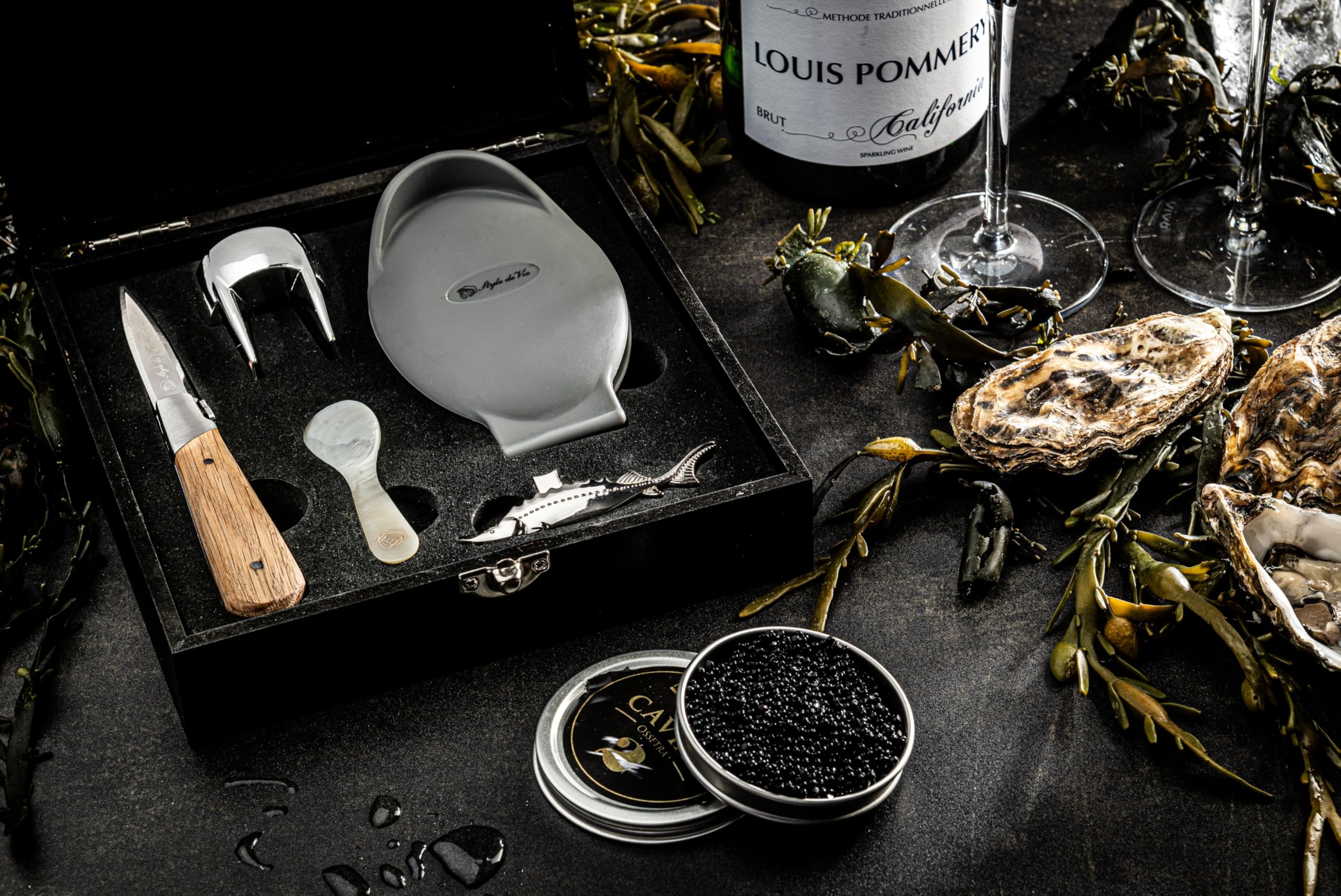 Laguiole Style de Vie Austernmesser, Kaviar set mit Champagneröffner, The Exclusive Edition, 5-telige set