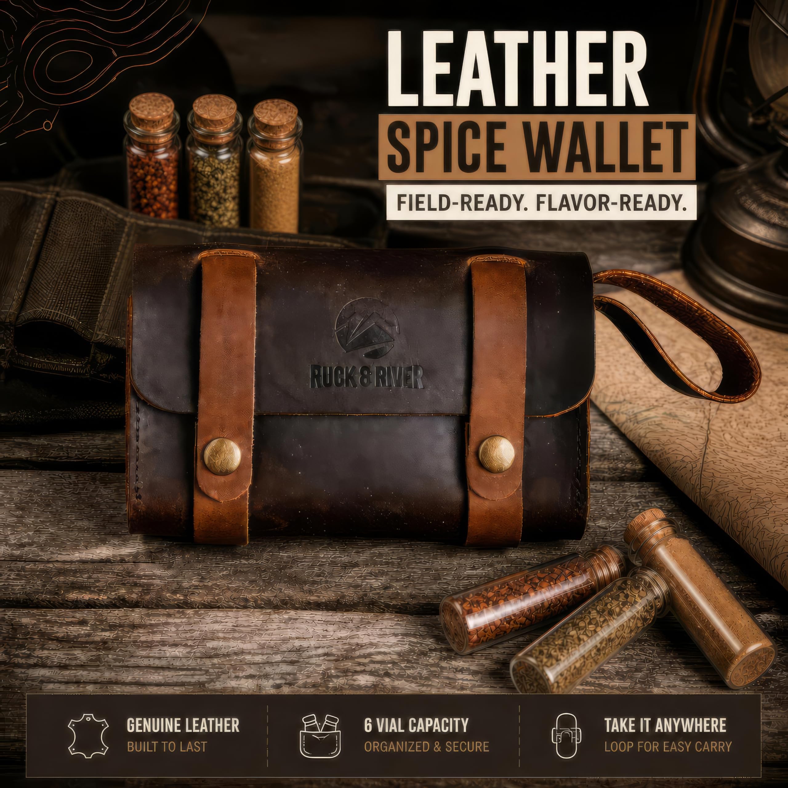 Ruck & River Gewürzregal aus Leder – 6 Gewürzgläser, tragbarer Gewürzaufbewahrungs-Organizer, Gewürzflaschenhalter, Gewürzbehälter-Set für Outdoor, Camping, Grillen, Picknick, Braun