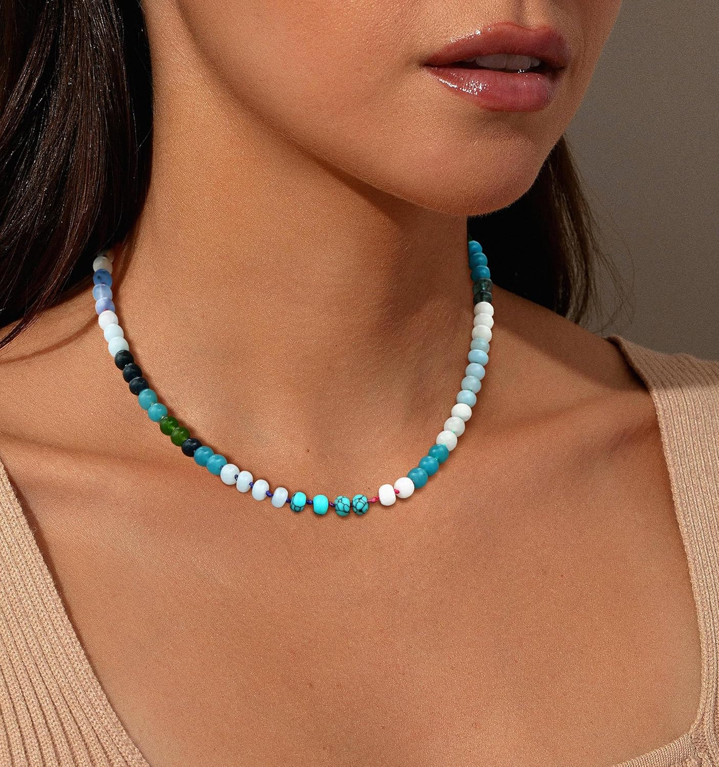 Beaded Gemstone Necklaces for Women, Colorful Natural Stone Boho Statement Necklace, 14K Gold Plated Everyday Handmade Jewelry Gift - Image 4