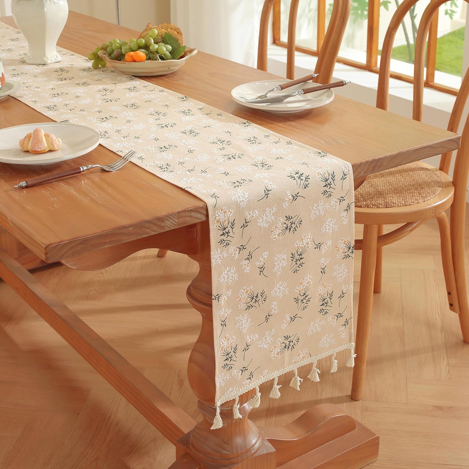12x63 Inch Boho Floral Table Runner with Tassels, Neutral Beige Botanical Print Cotton Linen Runner for Farmhouse Dining Room, Kitchen, Home Decor