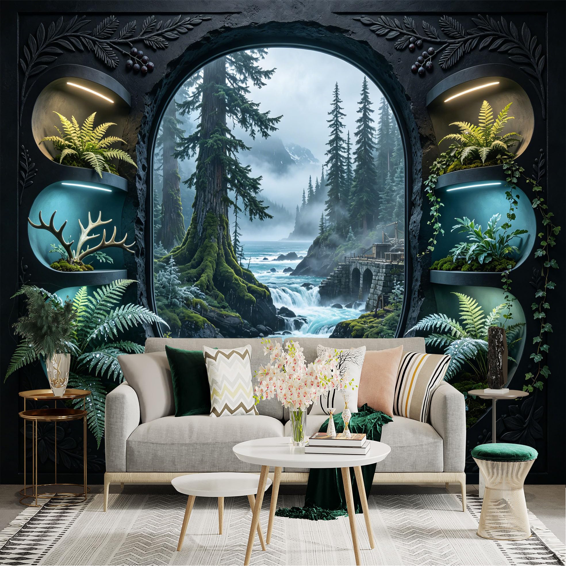 Custom Size Wall Sticker Mural， Misty Forest River Scenery with Ferns and Moss， for wall Decoration， peelandstick wall Decals.