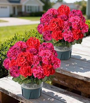 Geraniums Artificial Flowers for Outdoors, 2 Pack Potted Plants Faux Geraniums Bush Artificial Topiaries Realistic UV Resistant Fake Flowers Greenery for Outside Gardens Porch Patio Yard Indoor, Mix