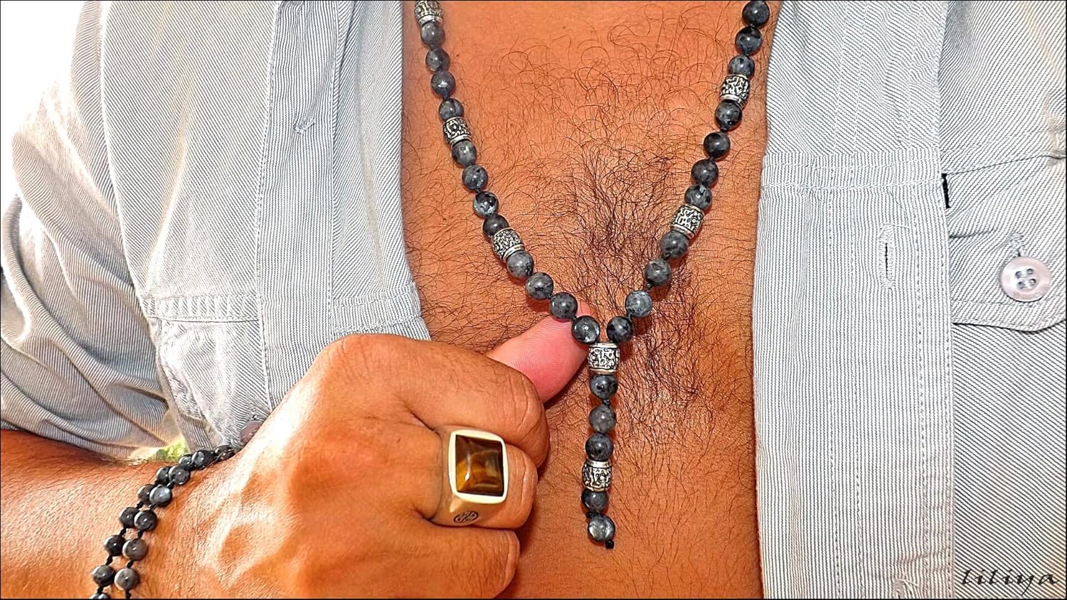 Liliya Jewelry Men’s Labradorite Necklace - 26 Inch Grey Gemstone Beaded Mala - Tibetan Silver Spacers - Boho Surfer Tribal Style - Spiritual Protection Gift for Him - Image 3