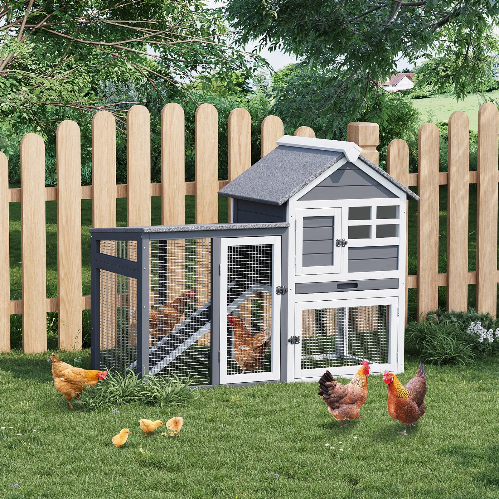 GarveeLife Jaula de Madera de 2 Niveles para Conejos, gallinas y cobayas – Uso Interior/Exterior – Techo Impermeable, Bandeja extraíble, rampa Antideslizante, 4 Puertas – Gallinero y casa para