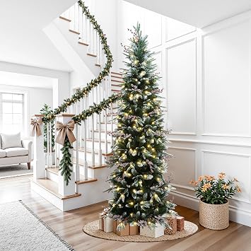 LuxenHome 6.5FT Slim Christmas Tree, Prelit Skinny Artificial Christmas Tree with 190 LED Lights, Realistic Pencil Christmas Trees with Red Berries, Premium Green Xmas Trees Holiday Decoration