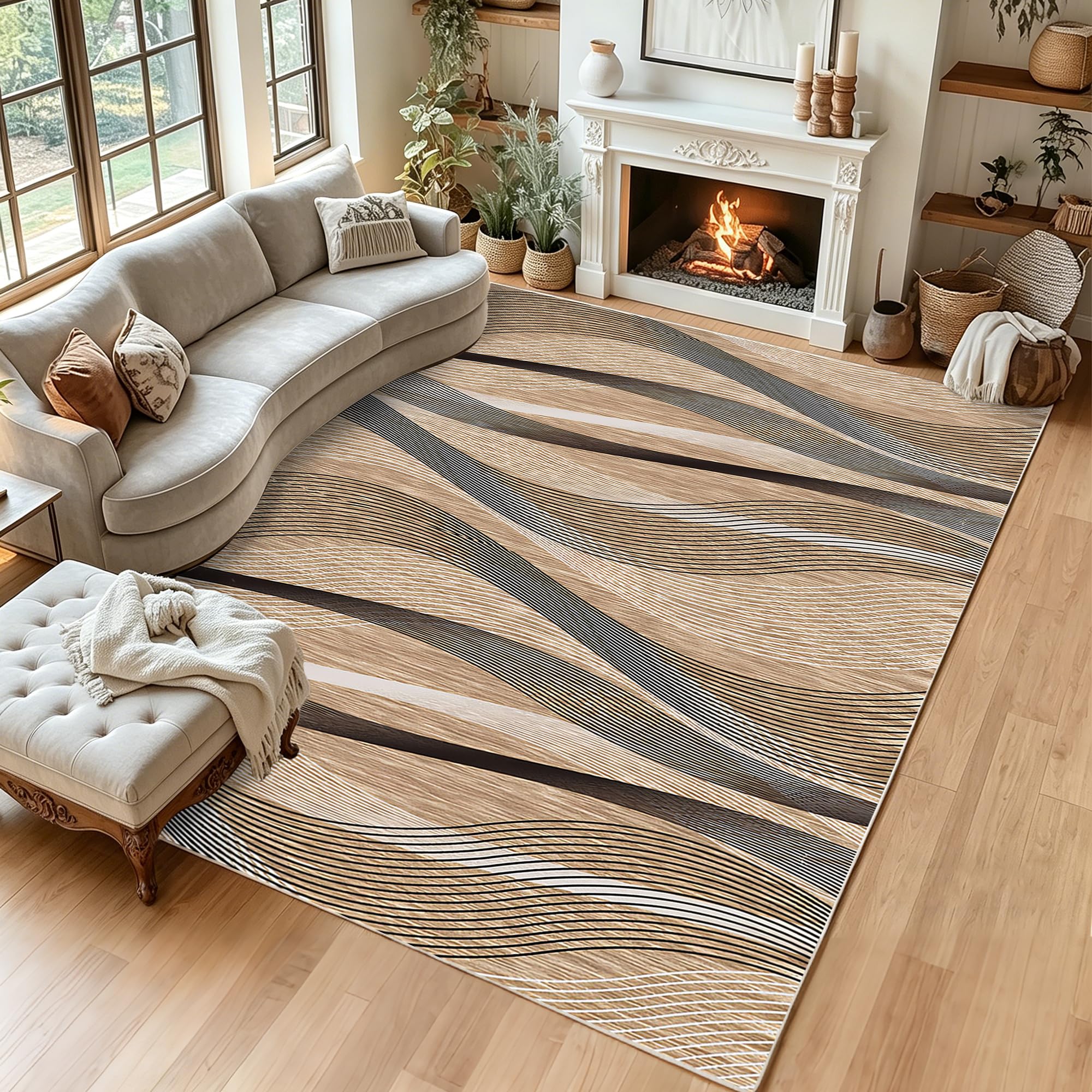 Tapis de salon lavable et antidérapant avec grand motif géométrique moderne