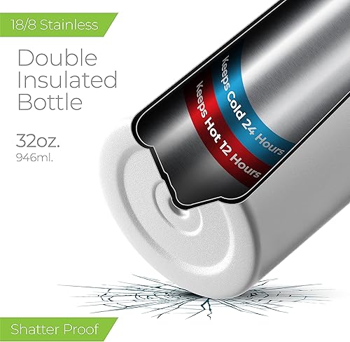 Miniatura 3 de SipX Botella de agua de acero inoxidable con triple aislamiento, 32 onzas, con 3 tapas, botella de agua aislada reutilizable sin BPA que mantiene el