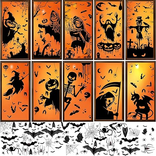 10 juegos de decoraciones de ventana de Halloween extra grandes más 85 piezas de calcomanías para ventana de Halloween de telaraña de murciélagos -