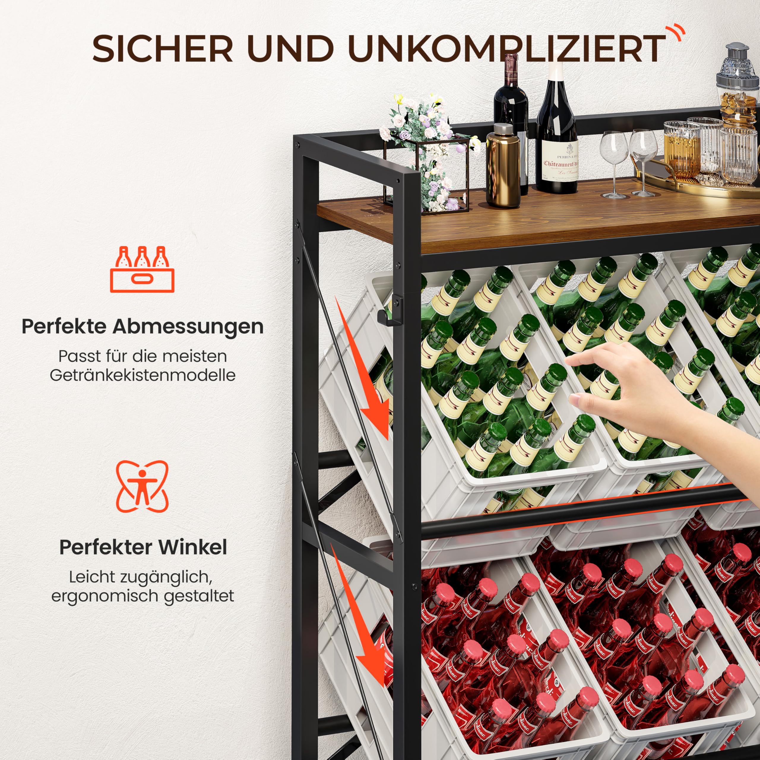 YOUDENOVA Getränkekistenregal, Getränkeregal mit Ablage für 6 Kisten, Metall kistenregal, Freistehend Kistenständer, 32D x 104W x 118H bierkastenständer, für Küche, Wohnzimmer und Keller, Braun
