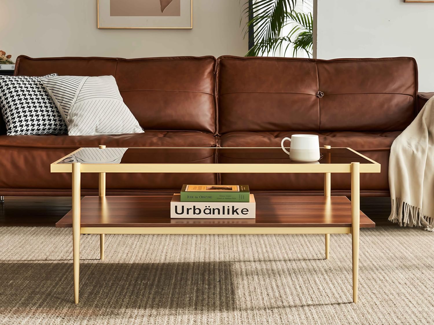 Shrine Rectangle Coffee Table, Mid-Century Modern Design, Two-Tier Walnut MDF Table, 39.4" D x 21.6" W x 17.3" H, Sleek Conical Metal Legs with Gold Finish