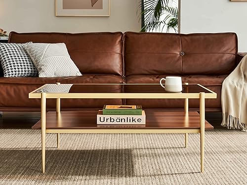 Miniatura 4 de Shrine Mesa auxiliar rectangular, diseño moderno de mediados de siglo, mesa MDF de nogal de dos niveles, 39.4 pulgadas de profundidad x 21.6