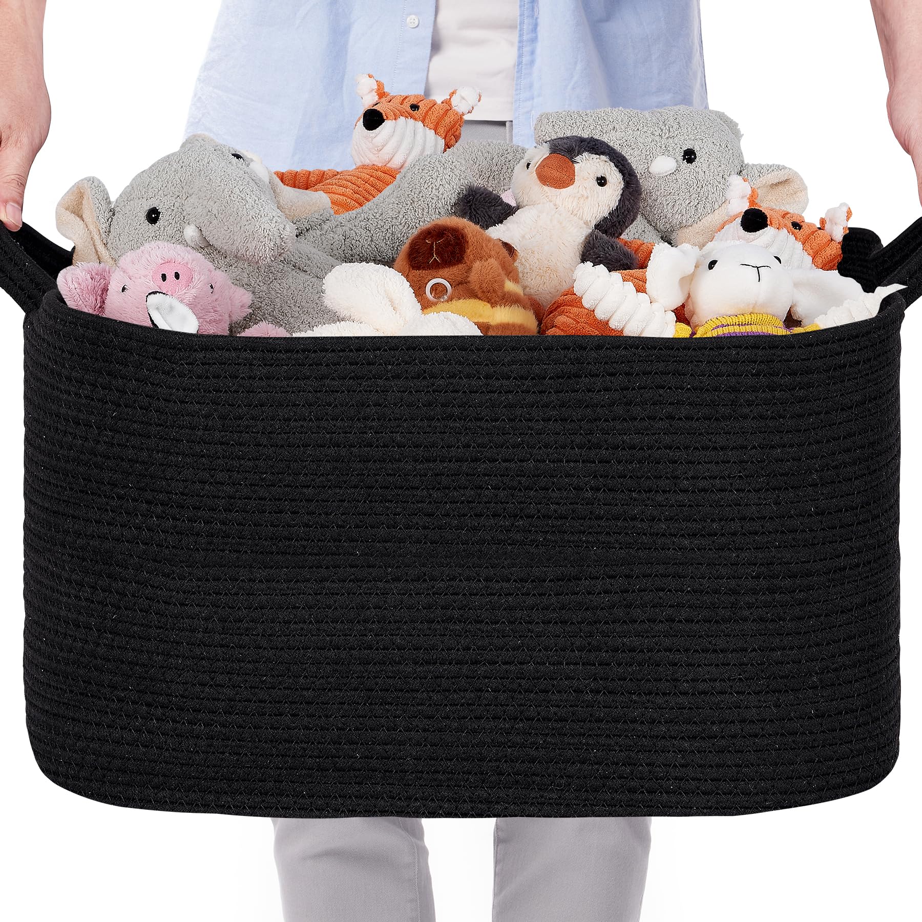 72L Large Storage Basket, Collapsible Woven Cotton Rope Laundry Basket for Toys, Clothes, Towels & Blankets, Laundry Hamper for Bathroom, Bedroom & Living Room, 55 x 38 x 30 cm, Black