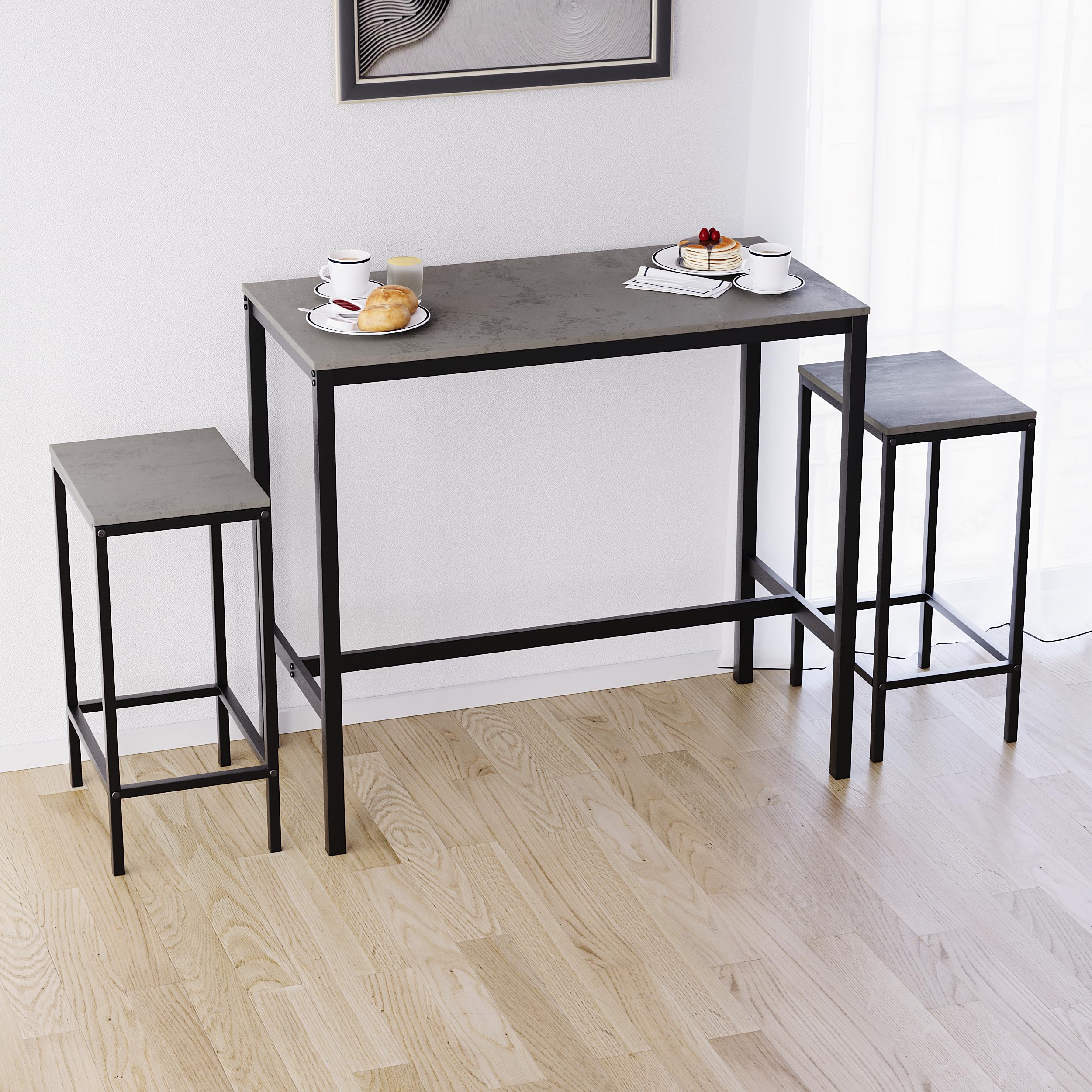 Vida Designs Roslyn Ensemble de table 3 pièces avec 2 tabourets/chaises, design compact pour salle à manger, cuisine, bar, appartement, balcon, jardin avec cadre en acier industriel, 90 x 100 x 50 cm