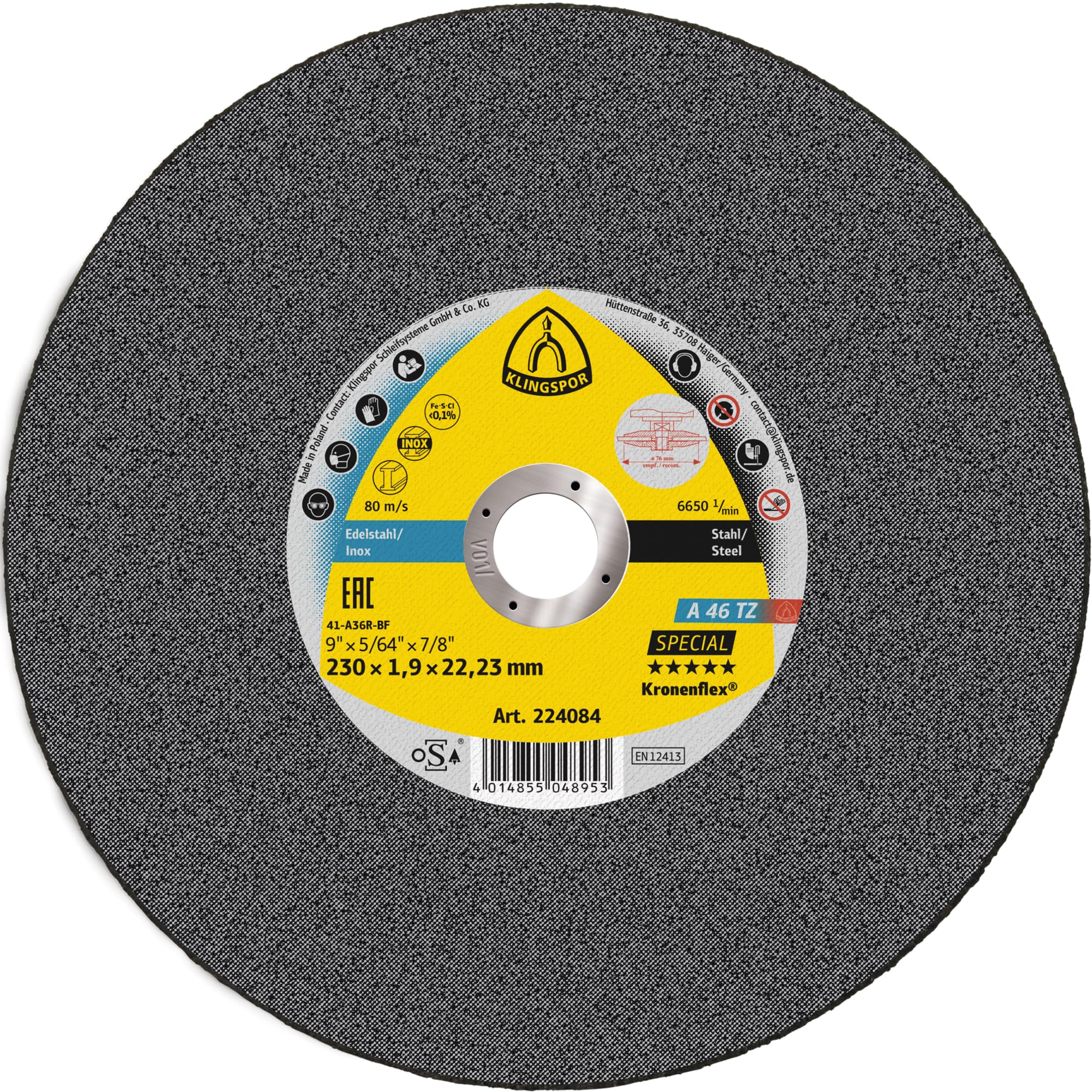 Klingspor 224084 Kronenflex A 46 TZ Special Cutting-Off Wheel for Stainless Steel, Steel, 230 mm Diameter, 1.9 mm Height, 22.23 mm Bore
