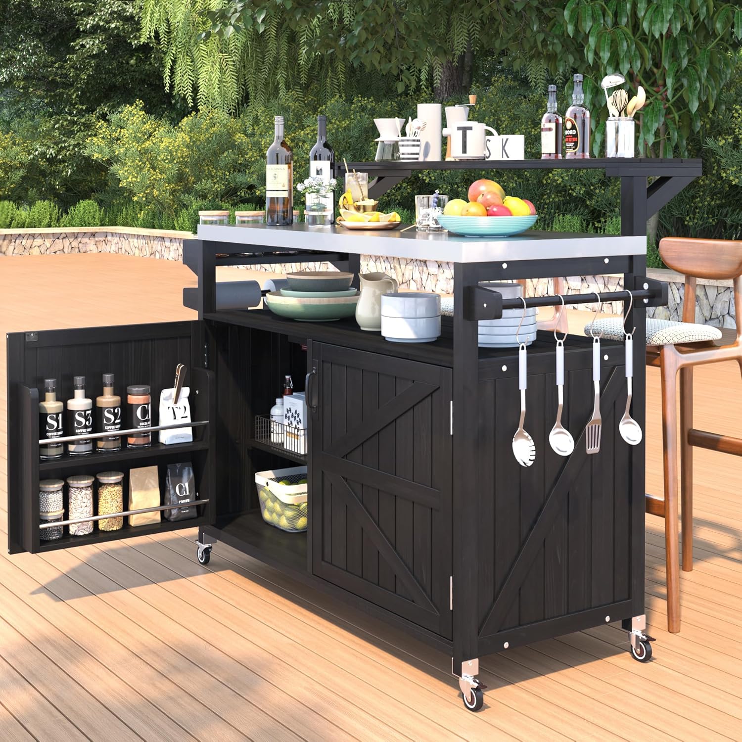 Rustic 53.3" Outdoor Kitchen Island with Raised Shelf,Solid Wood Storage Cabinet with Stainless Steel Top,Rolling Grill Cart with Internal Storage Rack, Adjustable Shelf, Spice Rack (Black#r)