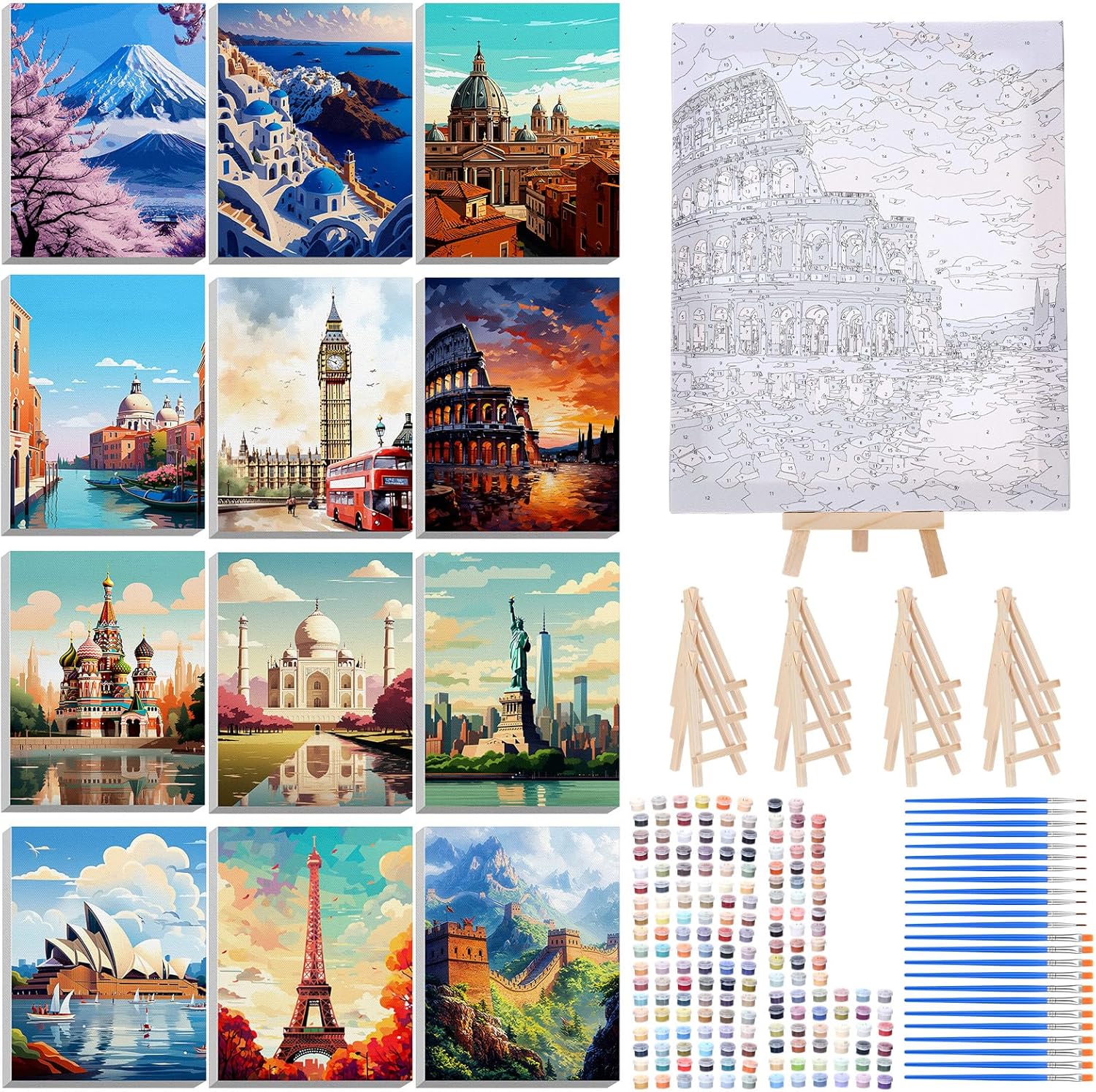 RoundFunny 12 Set Paint by Numbers Kit for Adults Cityscape Painting 8x10 Inch with Wooden Frame Easel Acrylic Paints Brushes Watercolor Oil Paint by Number Gifts for Home Wall Decor