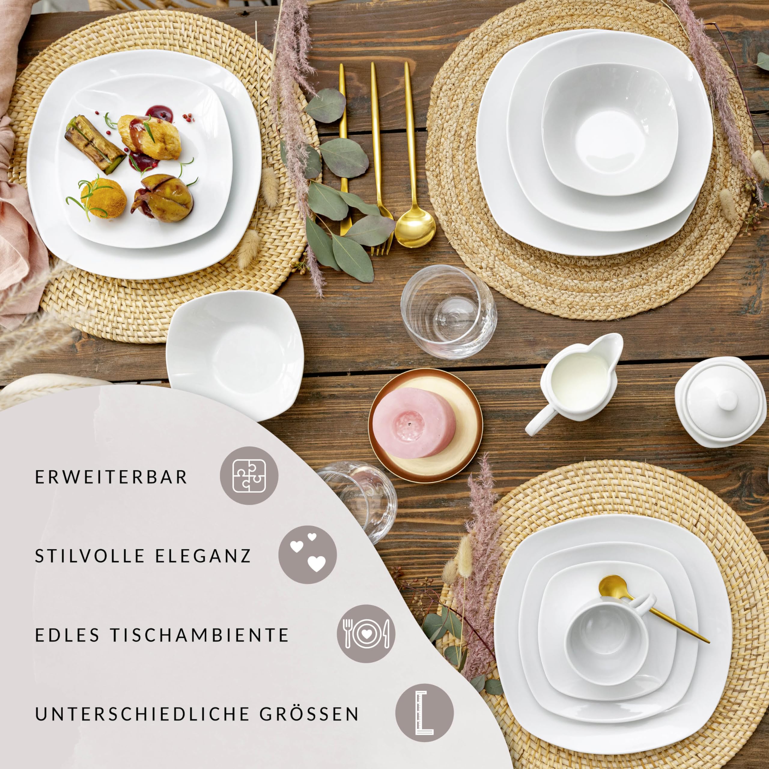 SÄNGER | Service de table Bilgola blanc, 24 pièces en porcelaine pour 6 personnes, set d'assiettes carrées, assiettes plates | Collection Premium