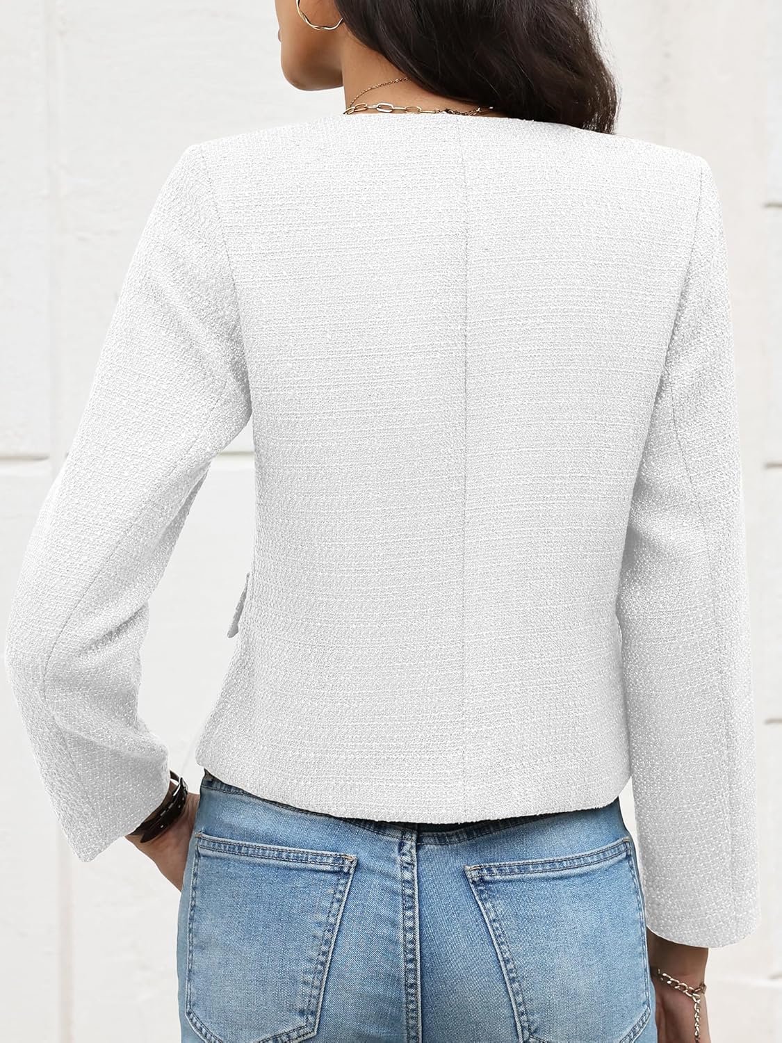 ELLEVEN Women's Cropped Tweed Blazers Collarless Button Down Jacket Business Casual Outfits with Flap Pockets - Image 3