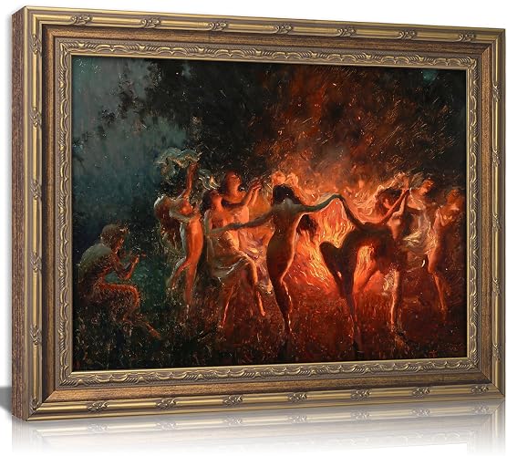 Vintage Gold Framed Gothic Wall Art, Fire Dance Oil Painting Canvas Prints, Witchy Nymph Picture Wall Decor, Dark Academia Mystical Fantasy Demonic Poster for Bedroom Living Room, Halloween Gifts - Dance - 16''Lx12''W