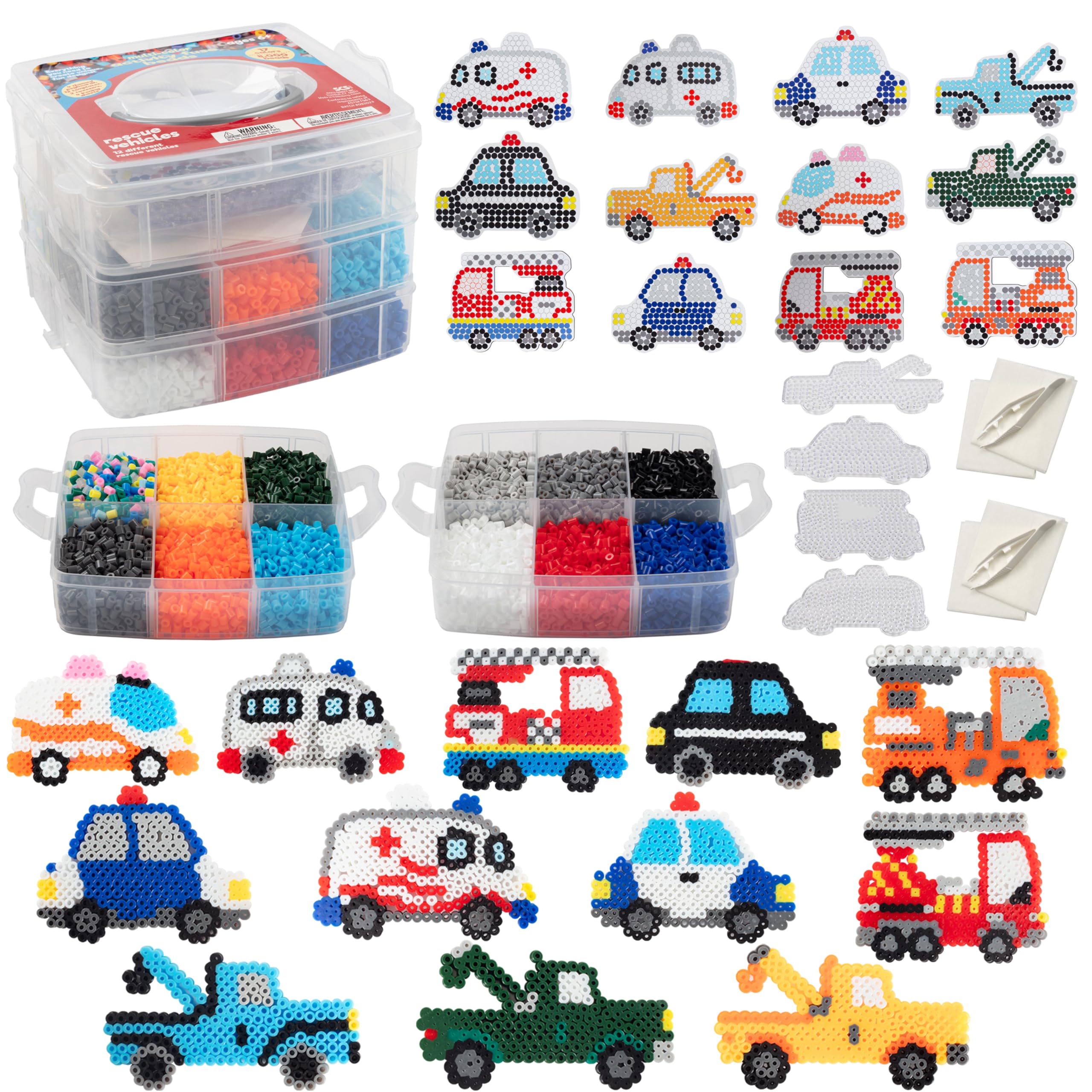 - Fuse Beads 8,000pc Rescue Vehicles w Carrier CASE-18 Colors, 12 Unique Templates, 3 Peg Boards, 2 Tweezers, Melt Iron Paper- Car Truck Bulk Art Craft Project, Kids Birthday Party Gift, School Activity