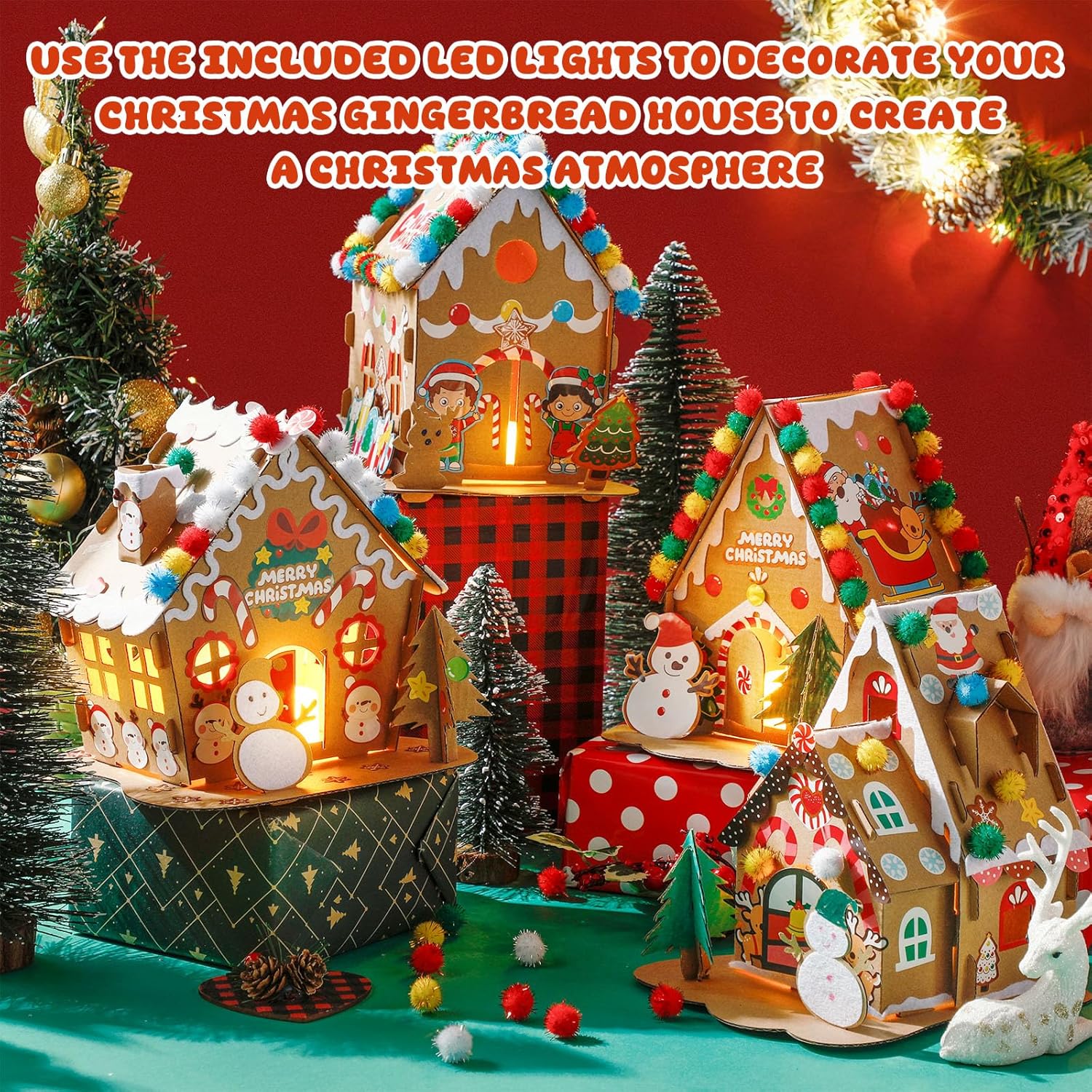 Poen 12 Set Christmas Gingerbread House Craft Kit Bulk Prebuilt Mini Gingerbread House with Pom Poms Markers Sticker Tapes Fun DIY Cardboard Christmas Craft for Holiday Party Decoration(Classic Style)