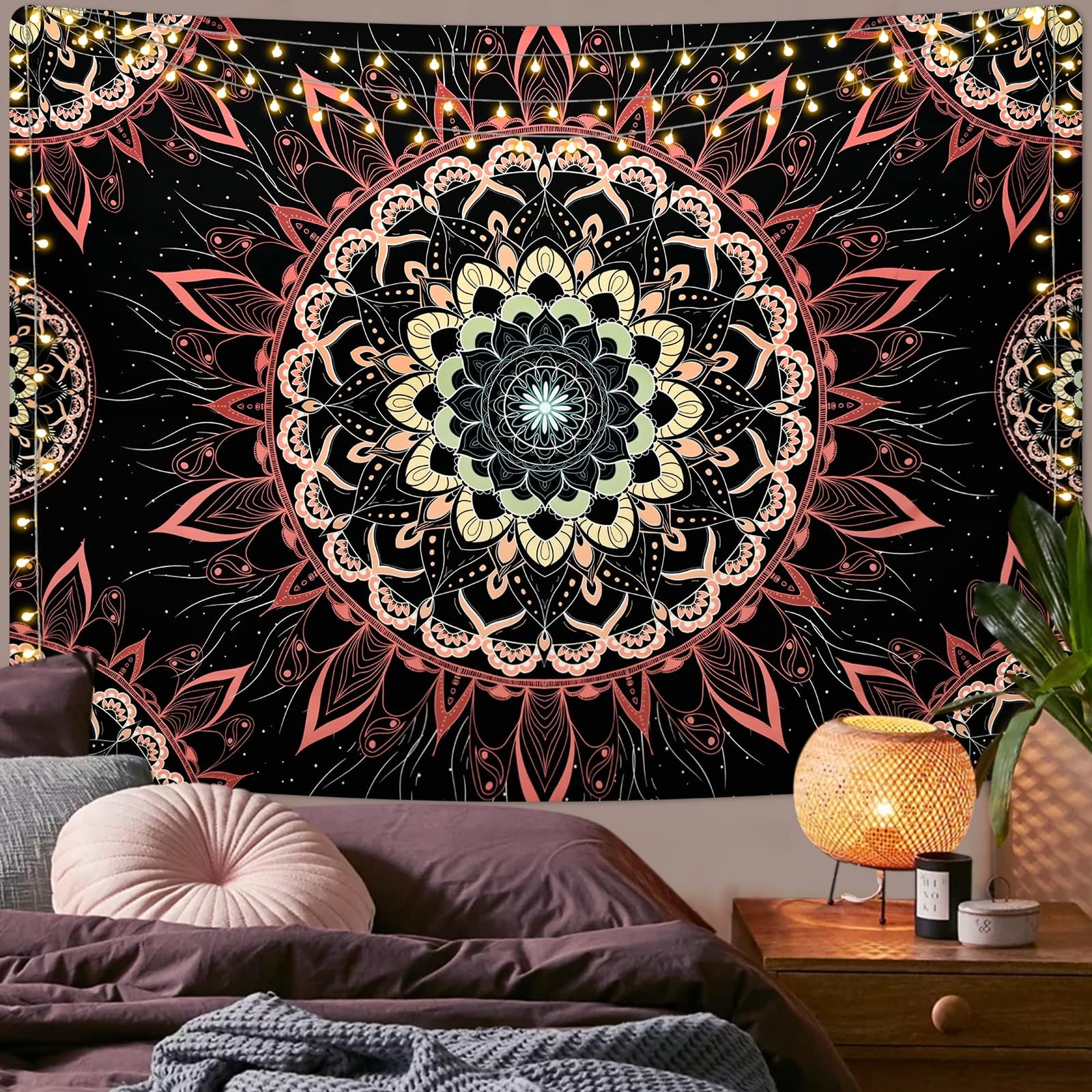 Yugarlibi Mandala Tapestry Indian Bohemian Hippie Tapestry Tapestries Aesthetic Wall Hanging Cloth Wall Decoration Art Wall Cloth for Bedroom Living Room Home Black and Orangered 150x130cm