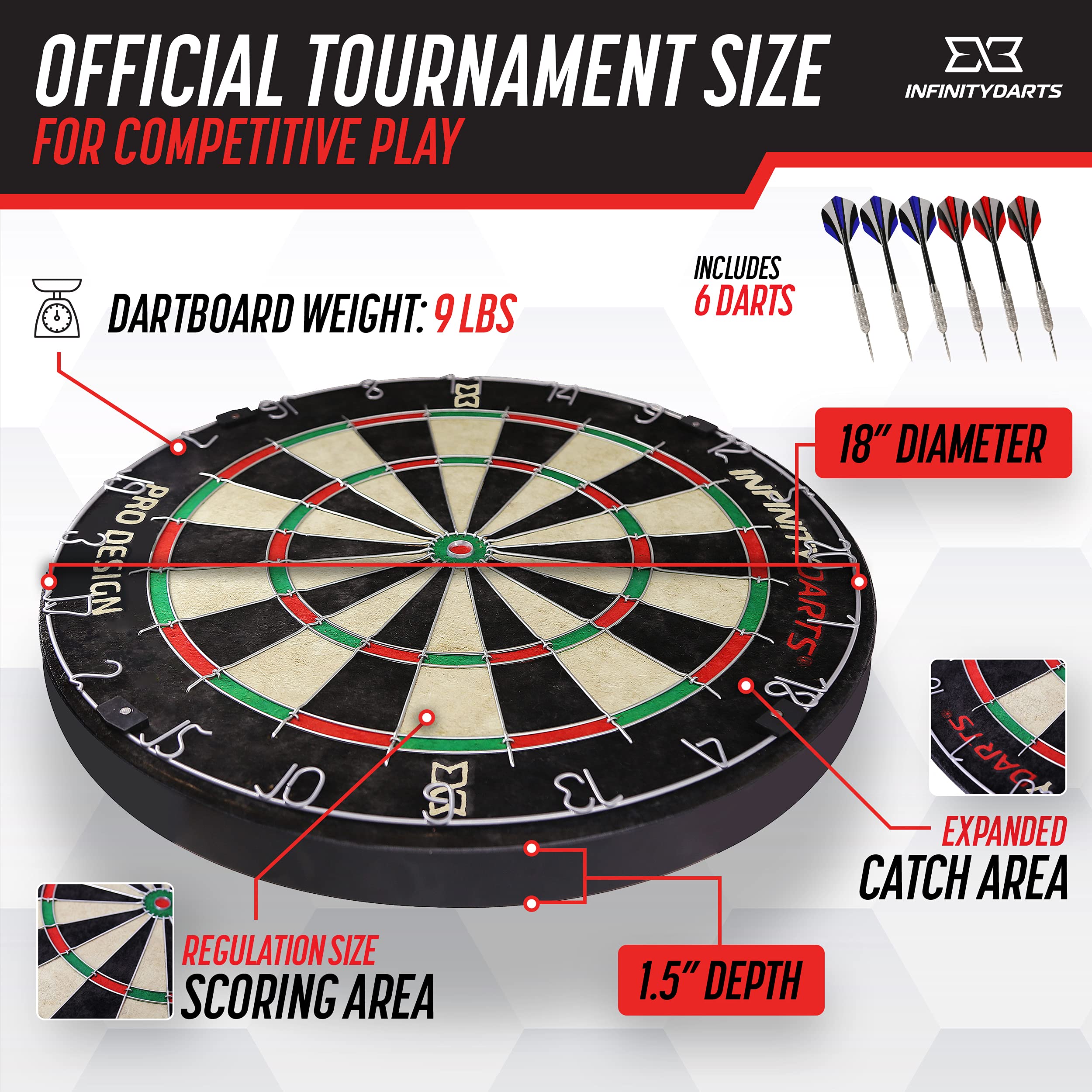 Infinity Darts Bristle Dartboard Set Includes 6 Metal Tip Darts Set