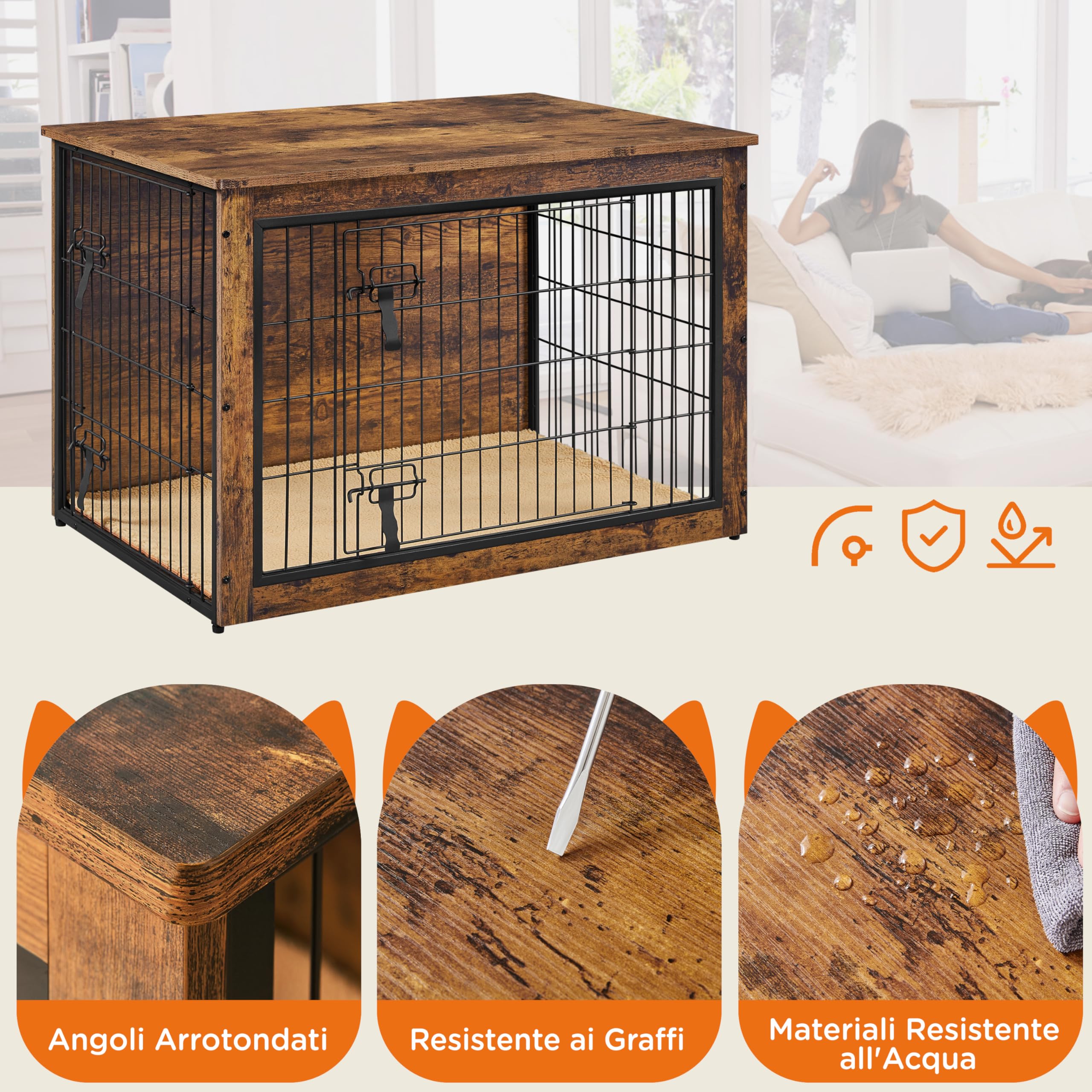 Yaheetech Gabbia per Cani Kennel Tavolino Armadietto con Doppie Porte Gatti a Rete in Legno da Interno (Marrone Rustico, 96 x 65 x 67,5 cm)
