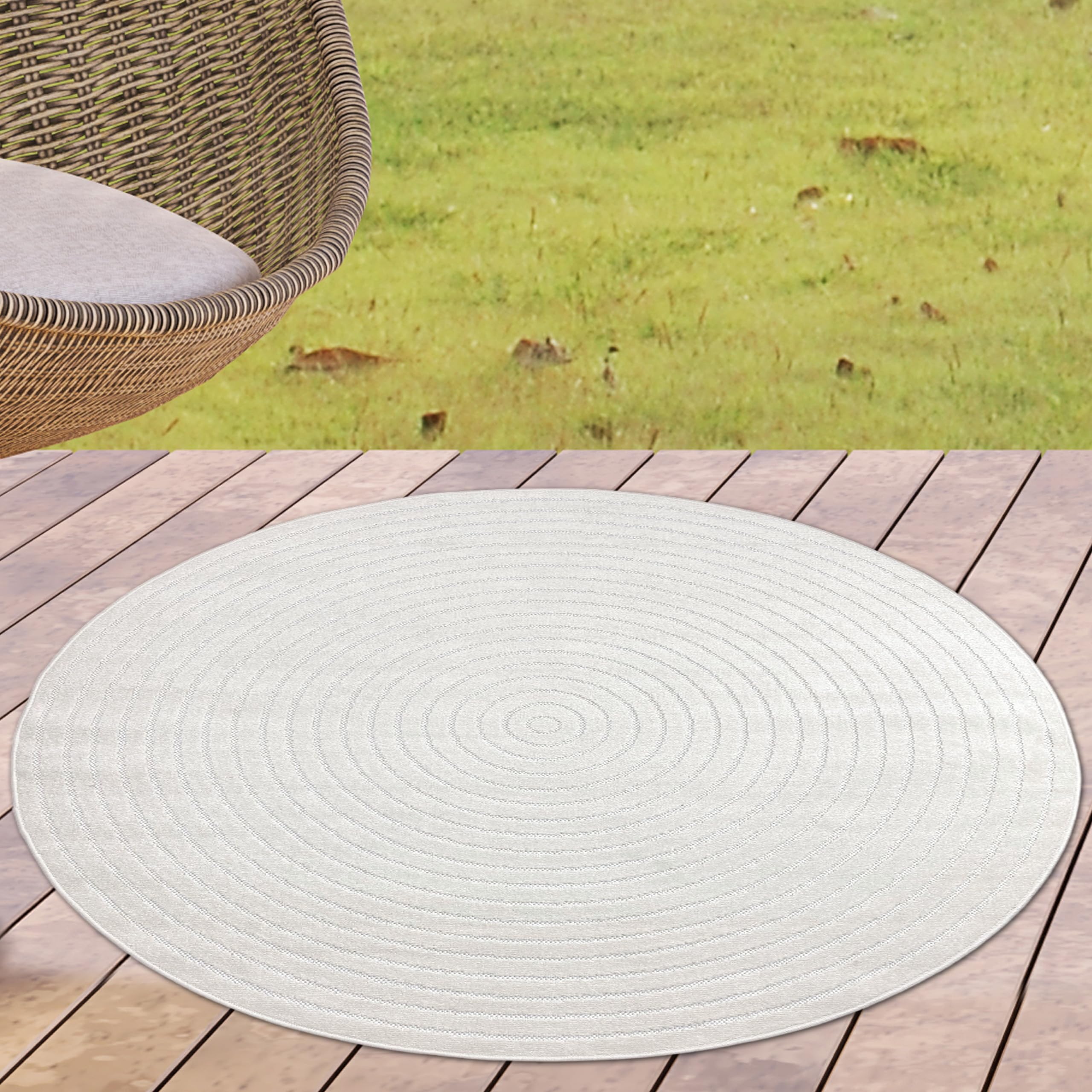 CARPETIA Tappeto rotondo In & Outdoor per Balcone, Terrazza e Giardino, Resistente alle intemperie, Moderno, di alta qualità, colore crema, diametro 160 cm