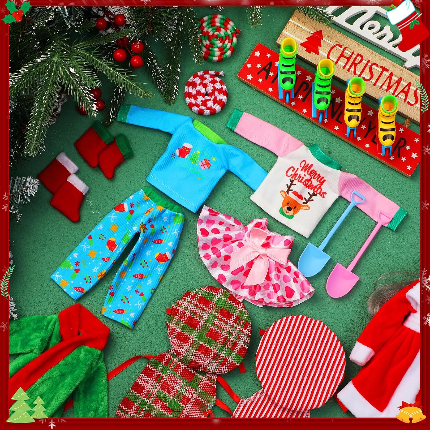 Cutecrop 20 Pcs Christmas Doll Accessories Set Includes Snow Tube Christmas Clothing, Bathrobe, Scarf, Skirts, Apron, Chef Hat, Socks and Accessories for Xmas Doll Decor(Leisure Style)