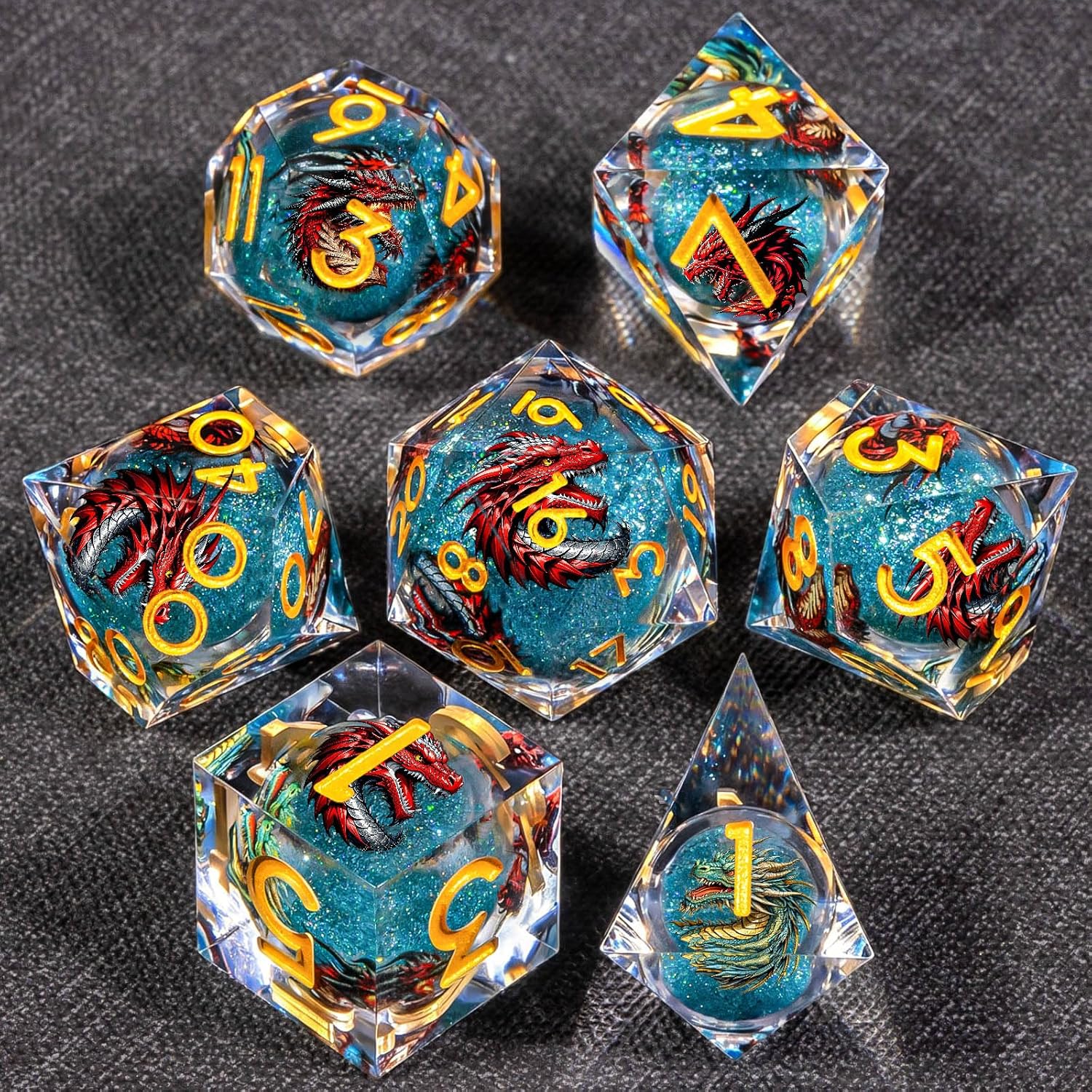 KERWELLSI Liquid Core Dragons Pattern Dice, Resin DND Dice Set with Gift Box, Blue and Gold Sharp Edged Dungeons D&D Dice, Role Playing Game Dice D20 D12 D10 D8 D6 D4