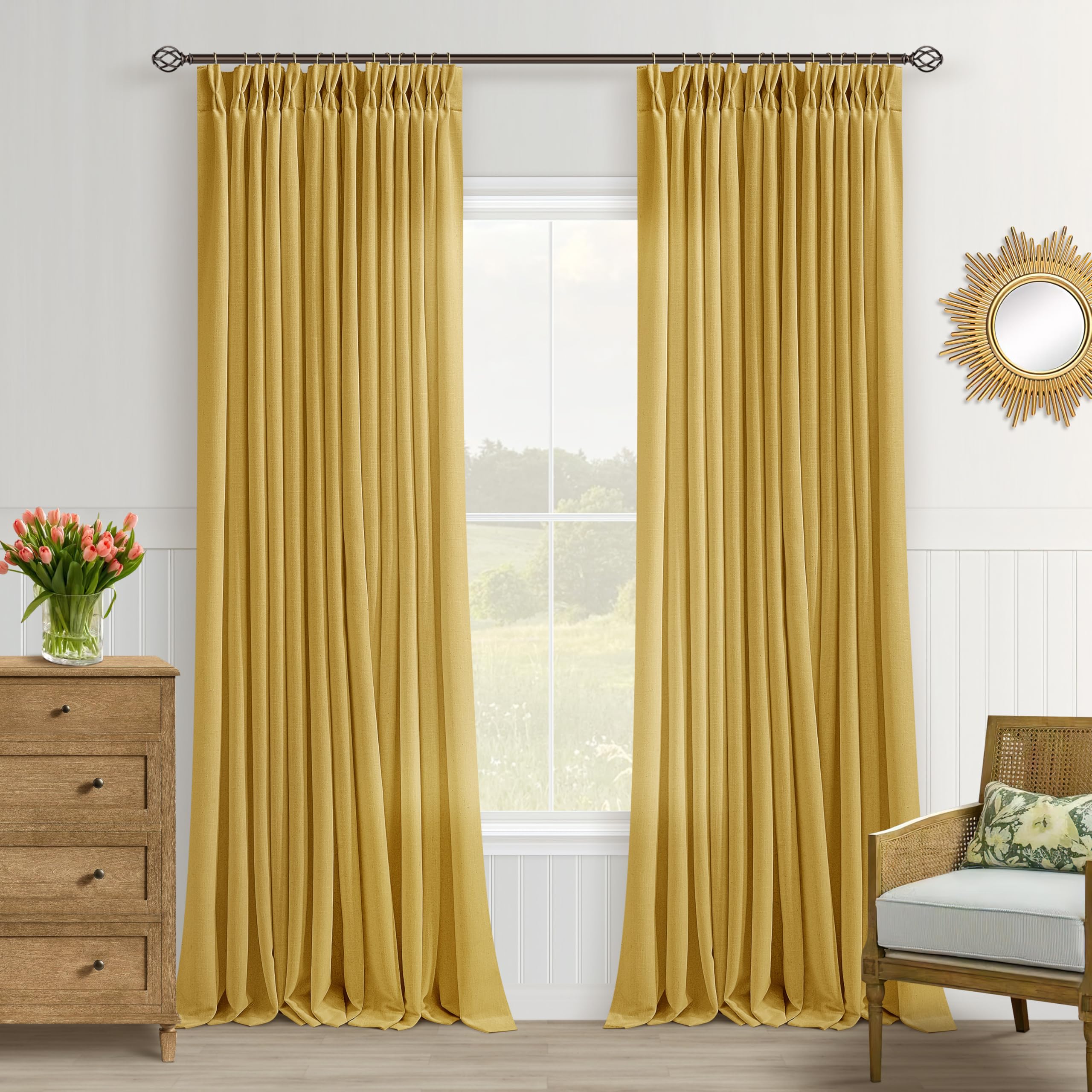 Photo 1 of Mustard Yellow Linen Curtains 96 Inch Pinch Pleated for Living Room Bedroom Dining Boho Light Filtering Spring Decor Pinch Pleat Drapes Back Tab Semi Sheer Harvest Autumn Golden Ochre Window Curtains