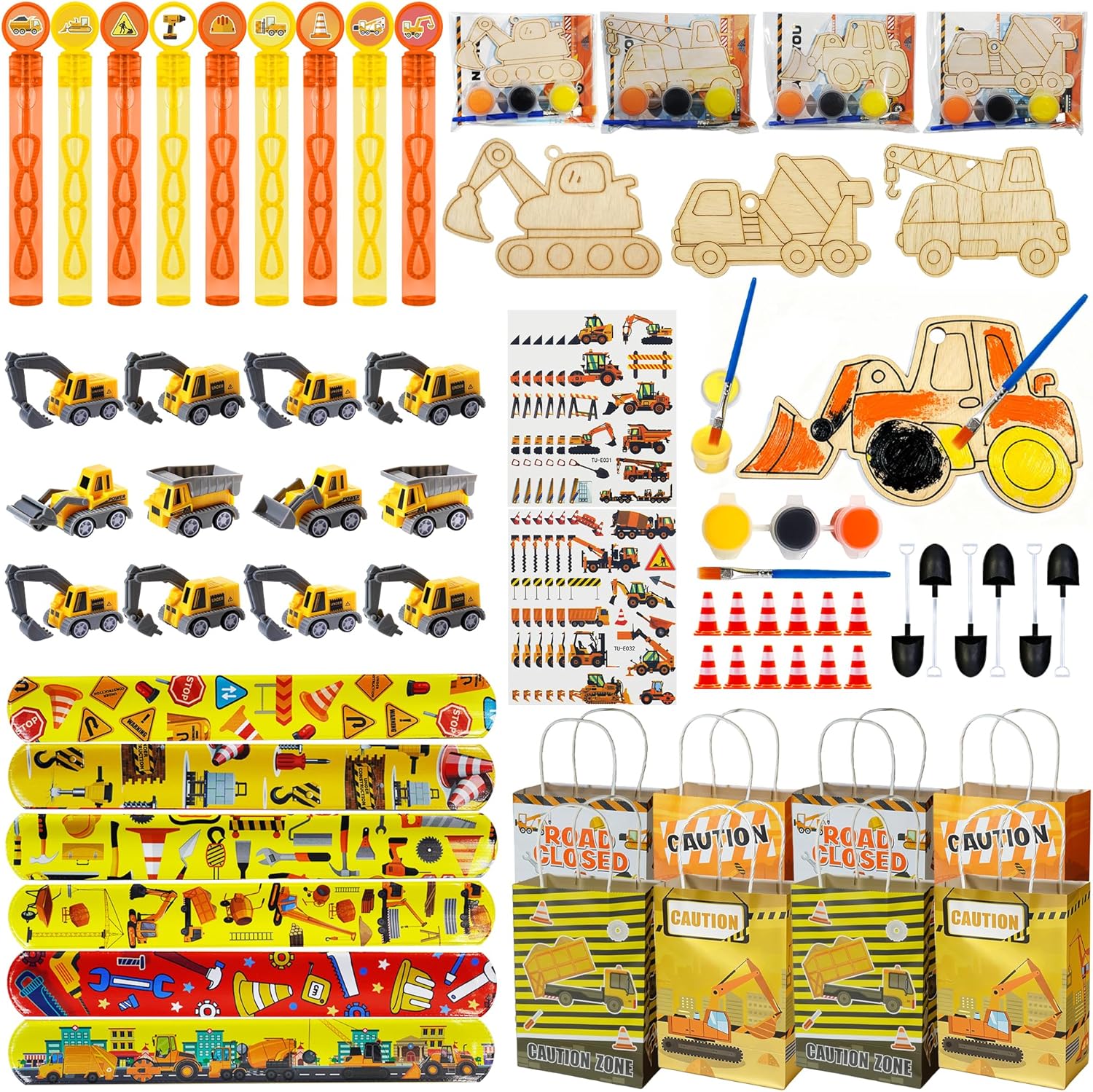 132pcs Construction Party Favors, Birthday Party Decorations Supplies Including Mini Vehicles Slap Bracelets Bubble Wands DIY Painting Kits, Construction Party Classroom Rewards for Kids