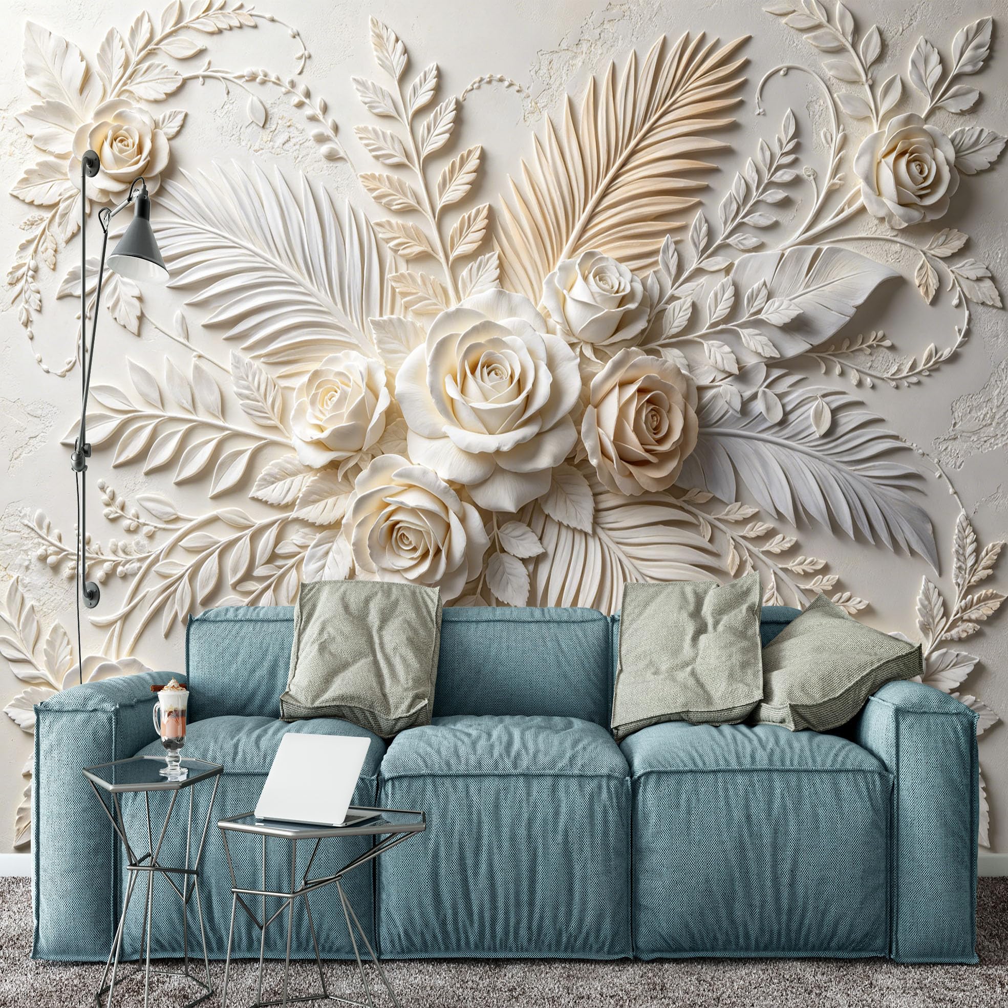 Carta Da Parati Fotografica In Tessuto Non Tessuto con Effetto 3D A Rilievo Rose In Fiore E Foglie Di Palma 300×210 cm (Lxa). Elegante Murale Floreale per Camera Da Letto E Soggiorno. Dimensioni: 3