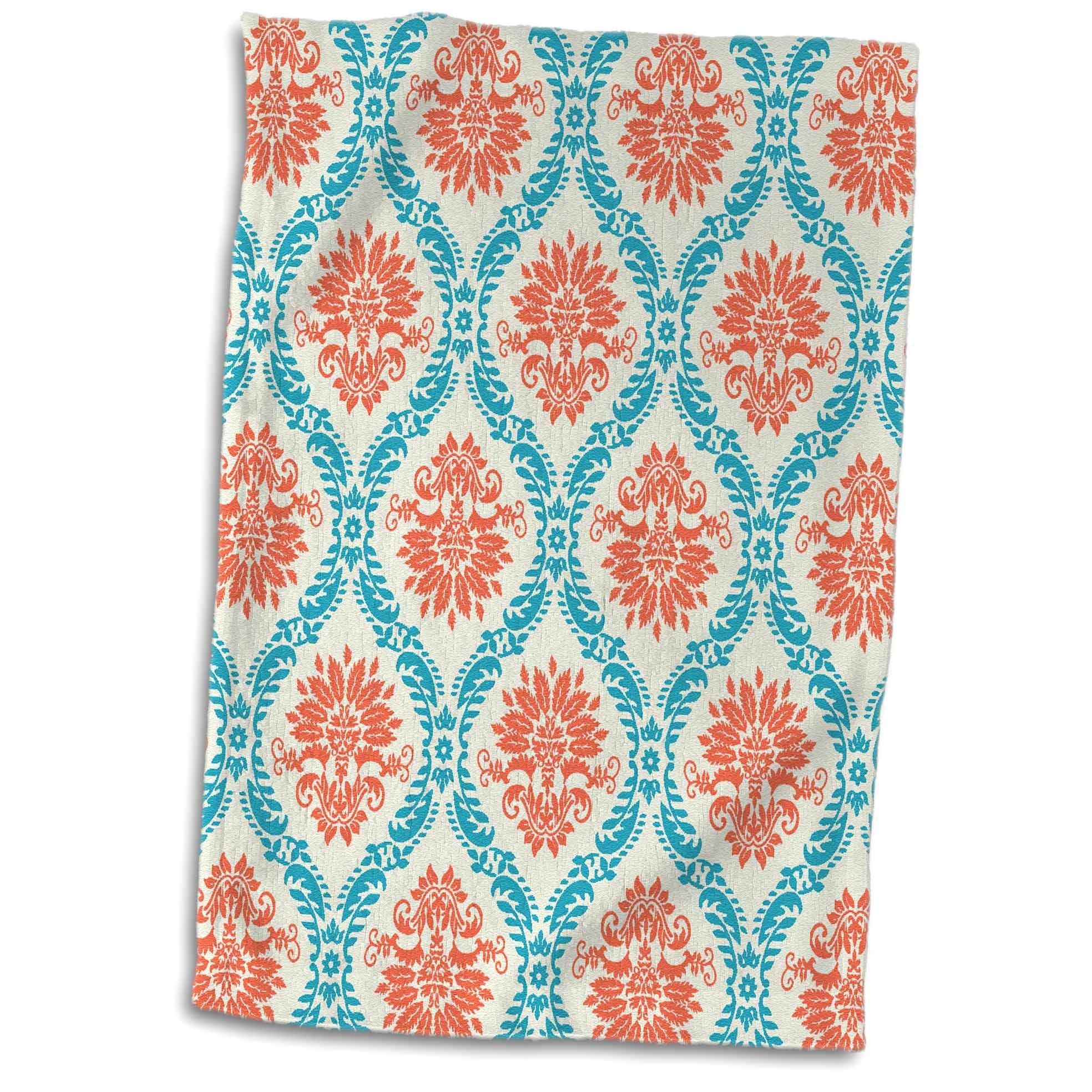 Hand Towels 40x70cm, Dooni Designs Tangerine Orange And Aqua Blue Ornate Damask Pattern Bathroom Towel Fade Resistant Washcloths Premium Microfibre Towel For Picnic Gym
