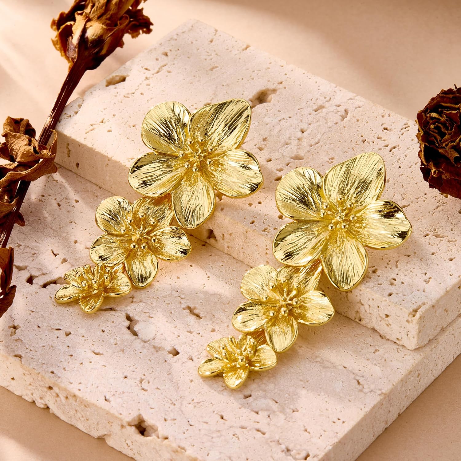 Large Flower Statement Earrings for Women Handmade Drop Flower Earrings Hypoallergenic Gold and Silver Vintage Hammered Statement Big Earings for Women Jewelry Gifts - Image 3